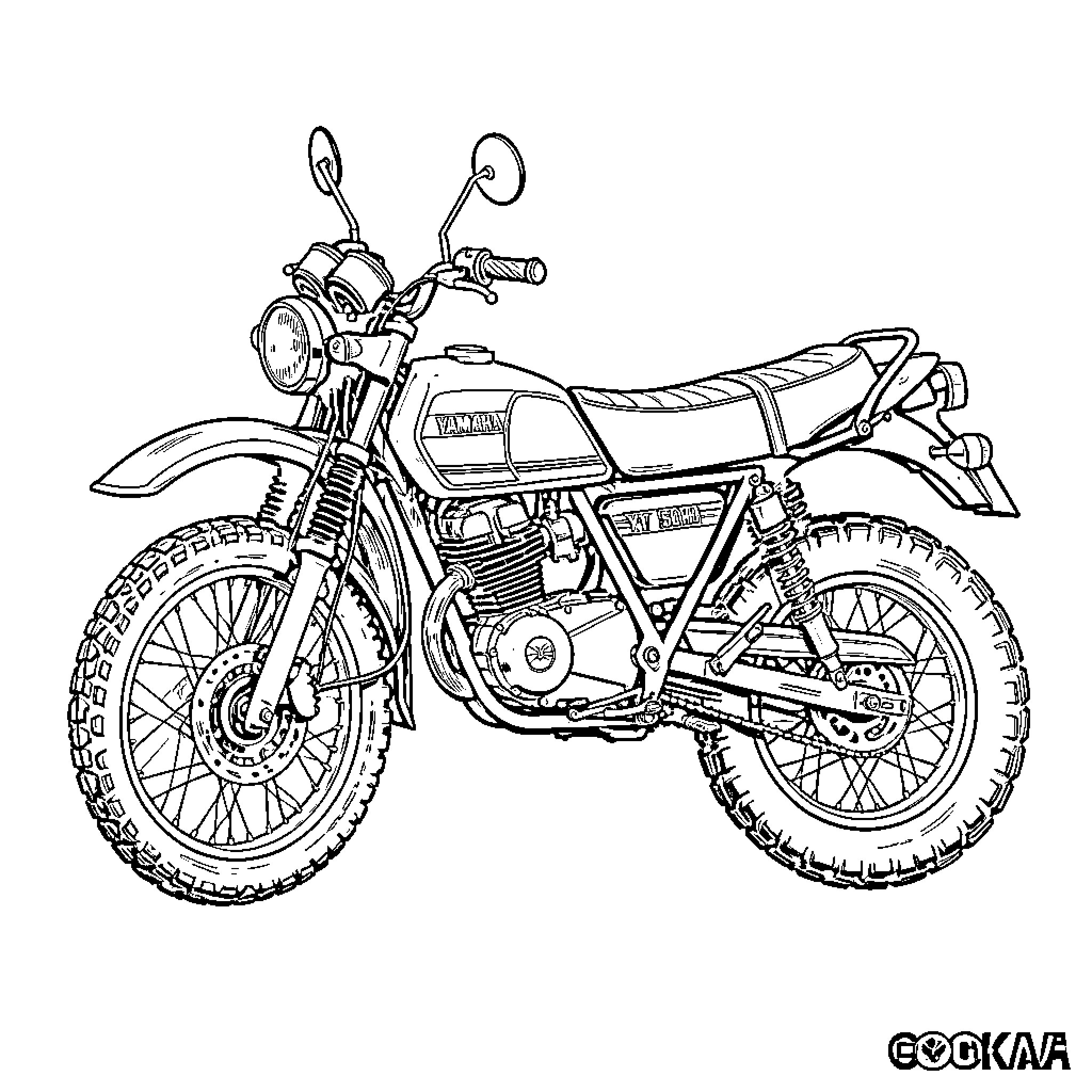 Yamaha XT 500 vintage motorcycle in action Coloring Page (free black-and-white line drawing printable PDF for all, from beginners to advanced learners, including children, teens, adults, and seniors)