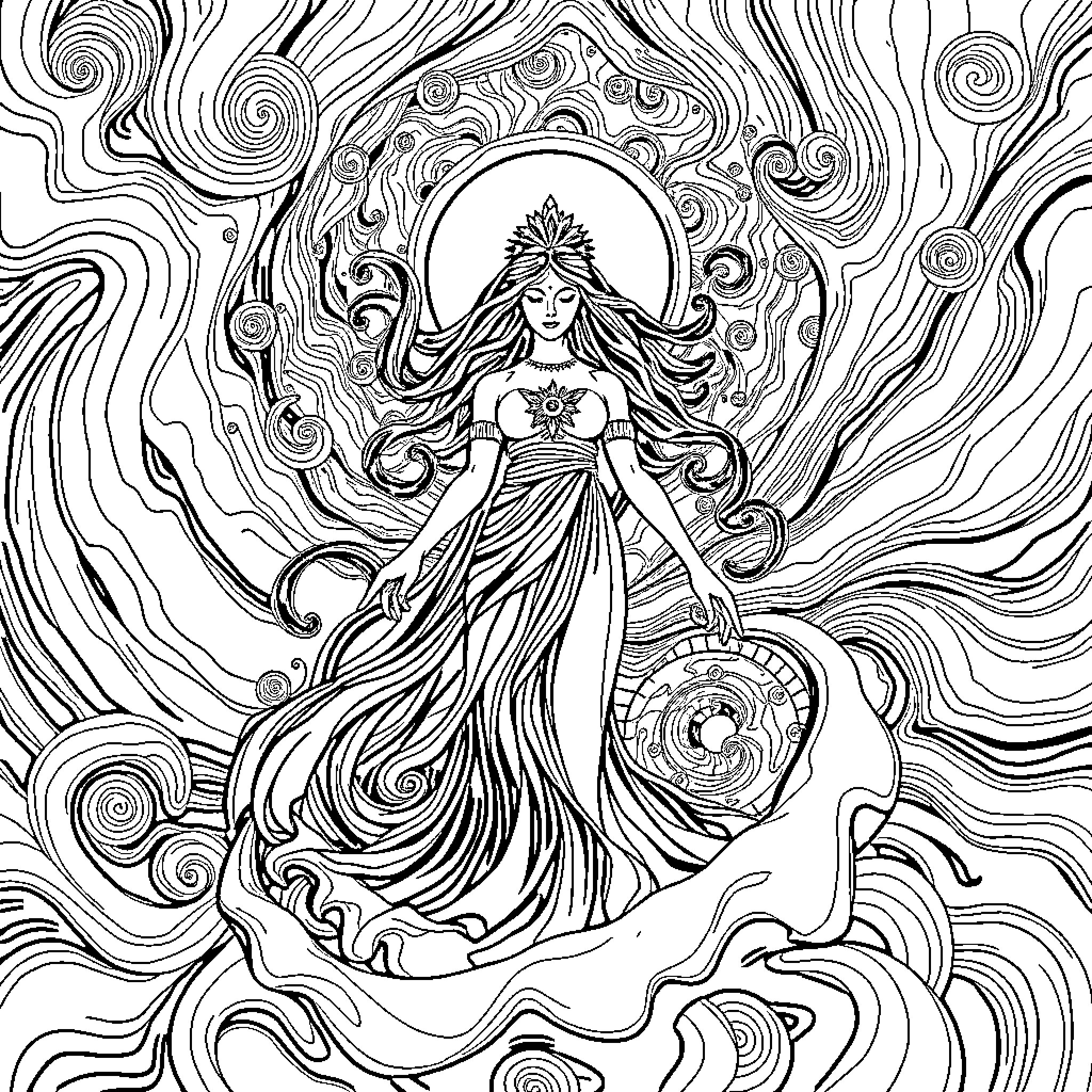 Goddess of Cosmic Radiance Coloring Page (free black-and-white line drawing printable PDF for all, from beginners to advanced learners, including children, teens, adults, and seniors)