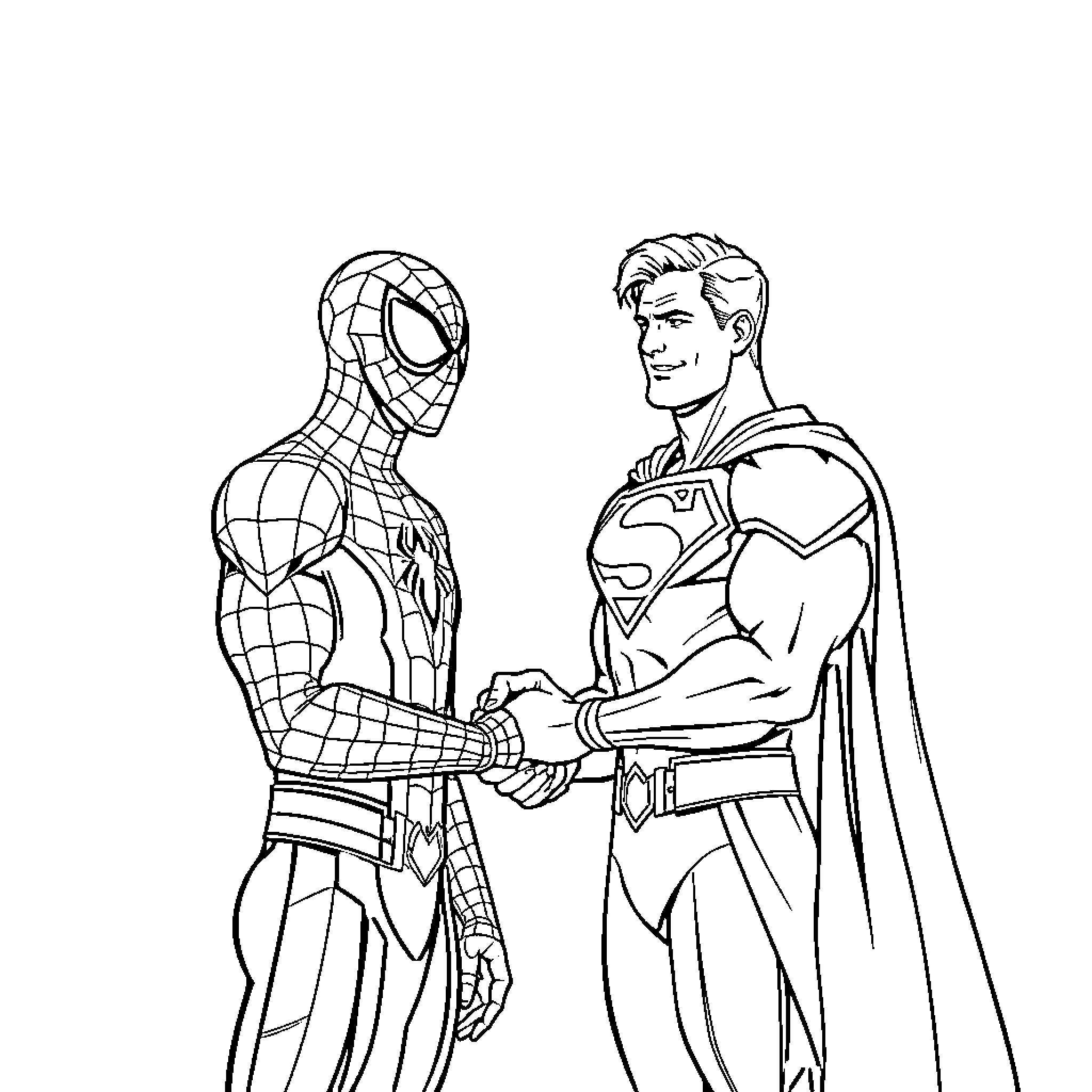 Superhero handshake between iconic heroes Coloring Page (free black-and-white line drawing printable PDF for all, from beginners to advanced learners, including children, teens, adults, and seniors)