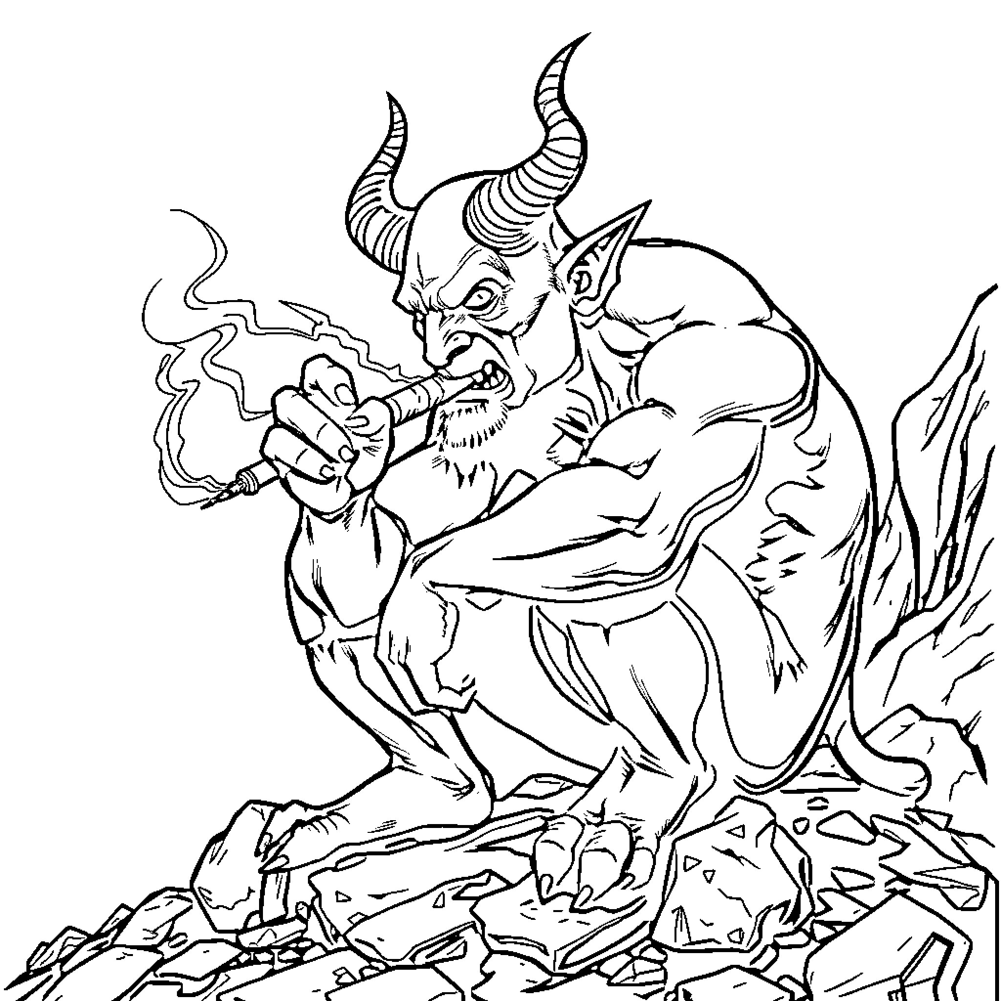 Devil Smoking Pipe Amidst Ruins Coloring Page (free black-and-white line drawing printable PDF for all, from beginners to advanced learners, including children, teens, adults, and seniors)