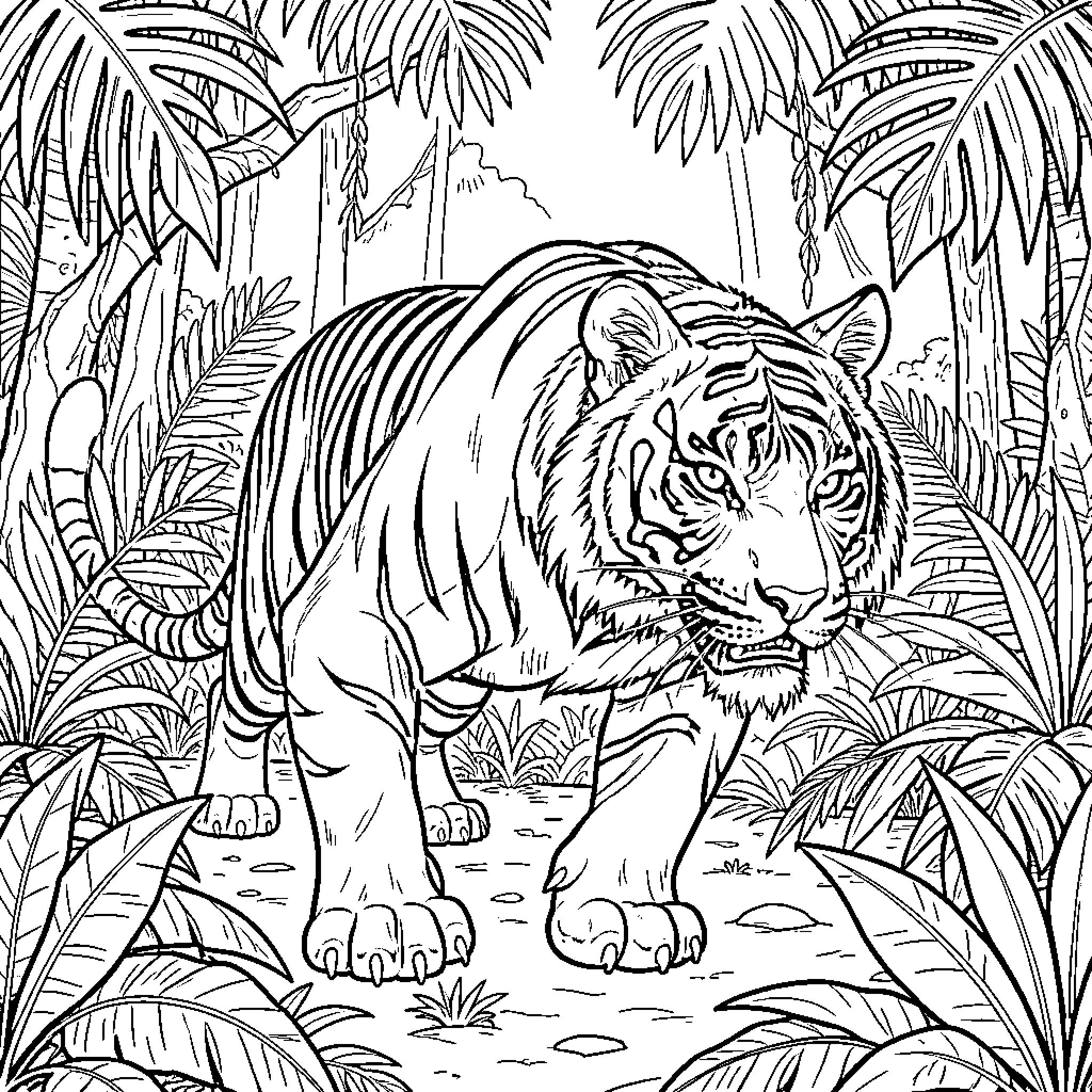 Tiger stalking through the lush jungle Coloring Page (free black-and-white line drawing printable PDF for all, from beginners to advanced learners, including children, teens, adults, and seniors)