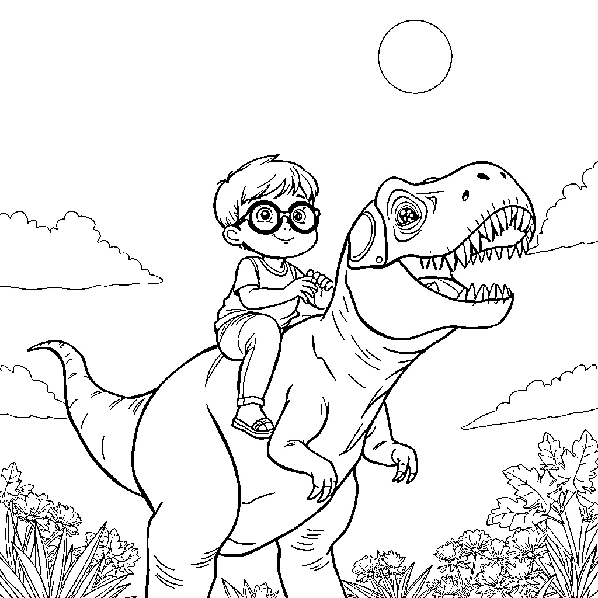 Boy playing joyfully with friendly dinosaur in nature Coloring Page (free black-and-white line drawing printable PDF for all, from beginners to advanced learners, including children, teens, adults, and seniors)
