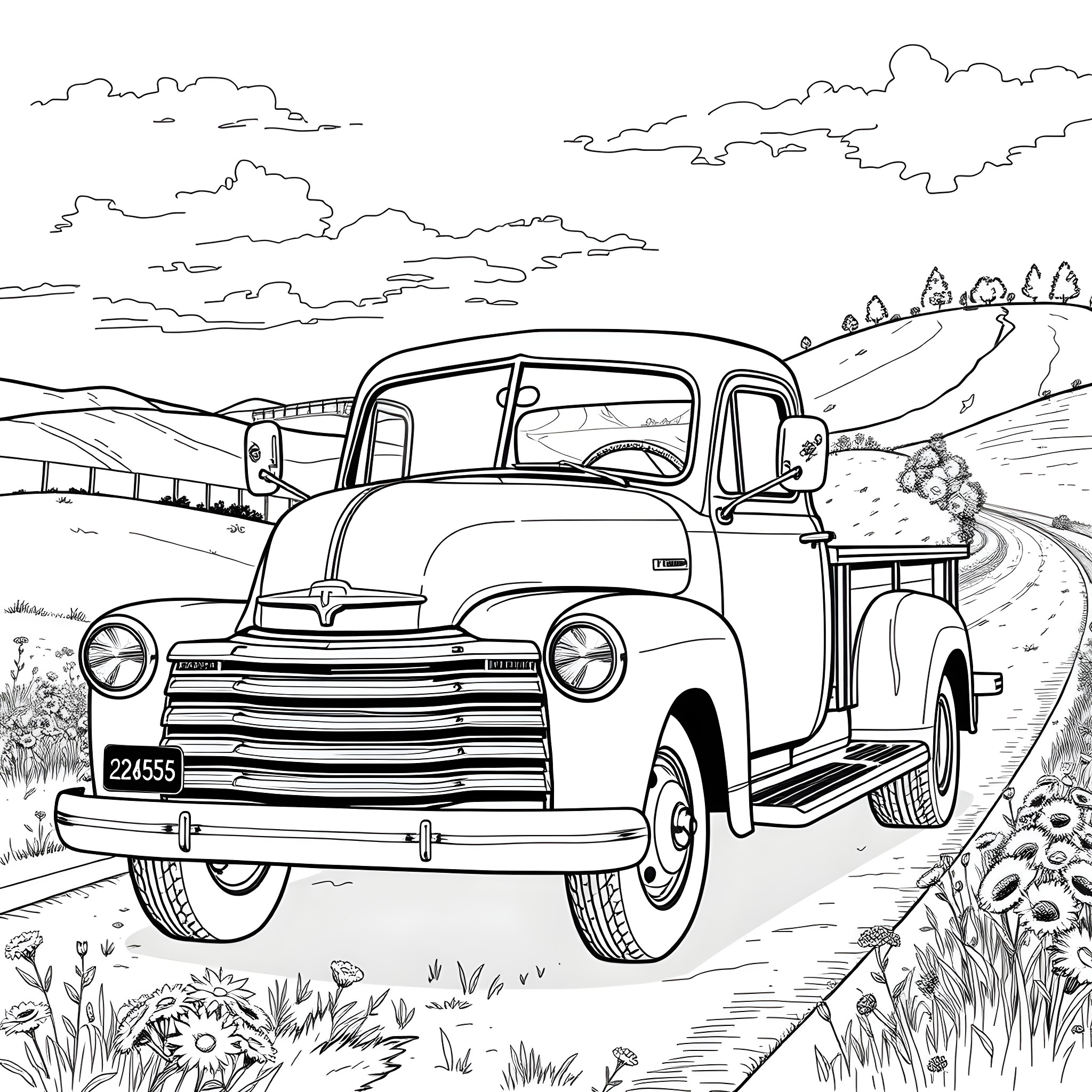 Truck hauling supplies down a rural road Coloring Page (free black-and-white line drawing printable PDF for all, from beginners to advanced learners, including children, teens, adults, and seniors)