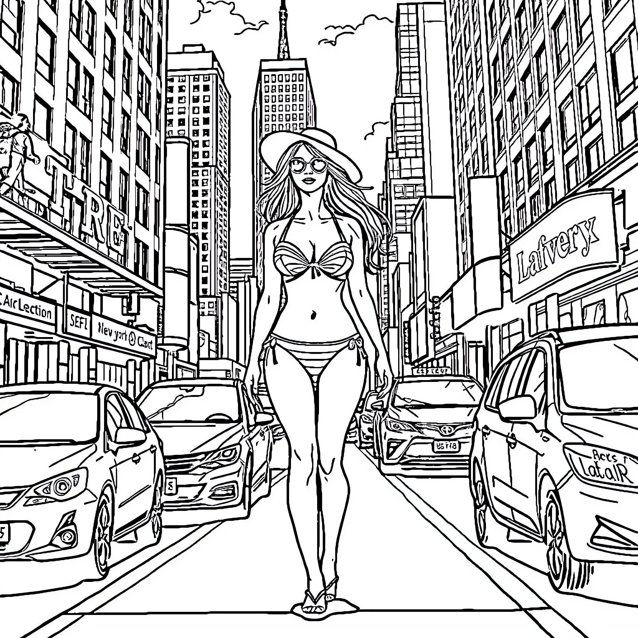 Girl walking confidently in the city Coloring Page (free black-and-white line drawing printable PDF for all, from beginners to advanced learners, including children, teens, adults, and seniors)