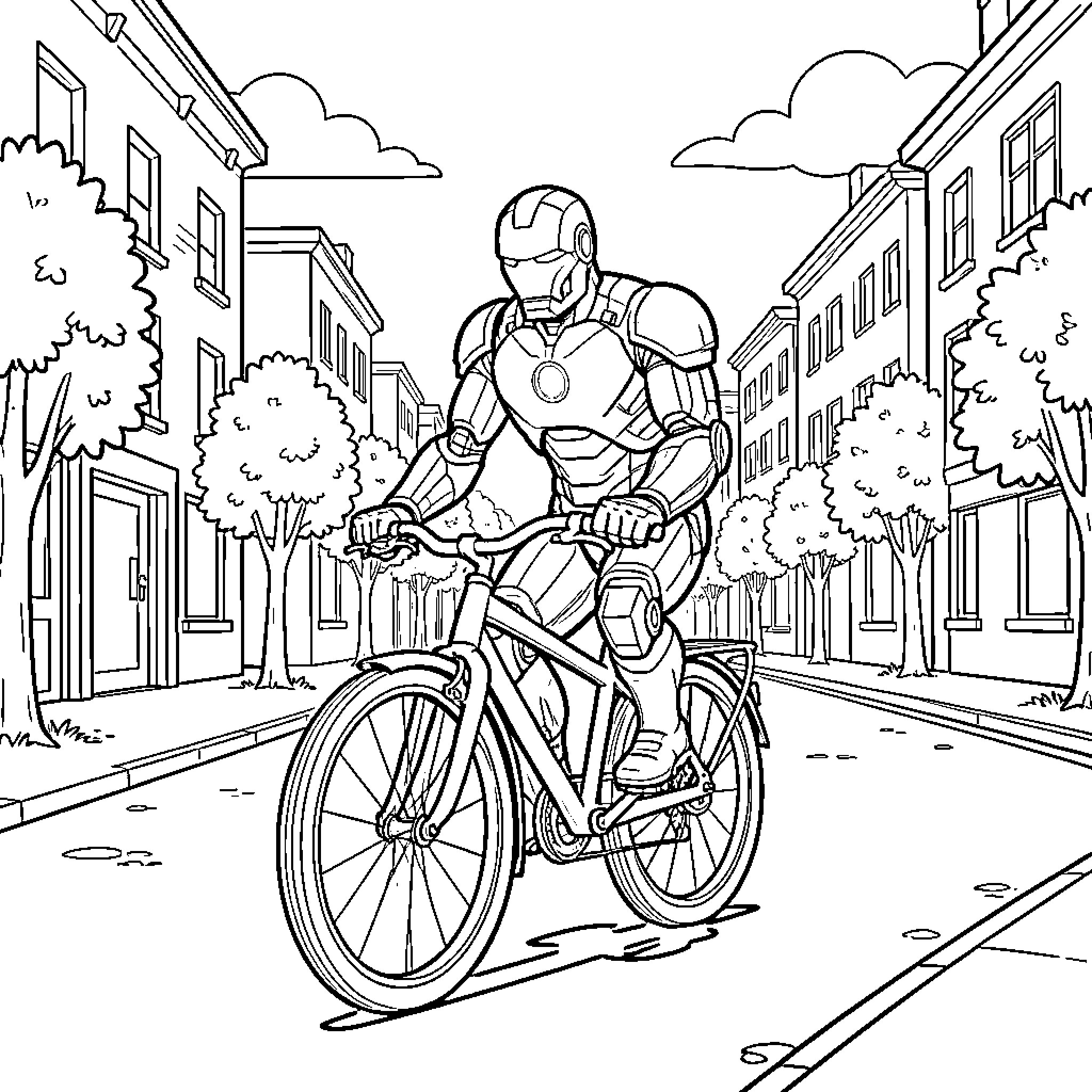 Iron Man riding a bicycle through city streets Coloring Page (free black-and-white line drawing printable PDF for all, from beginners to advanced learners, including children, teens, adults, and seniors)