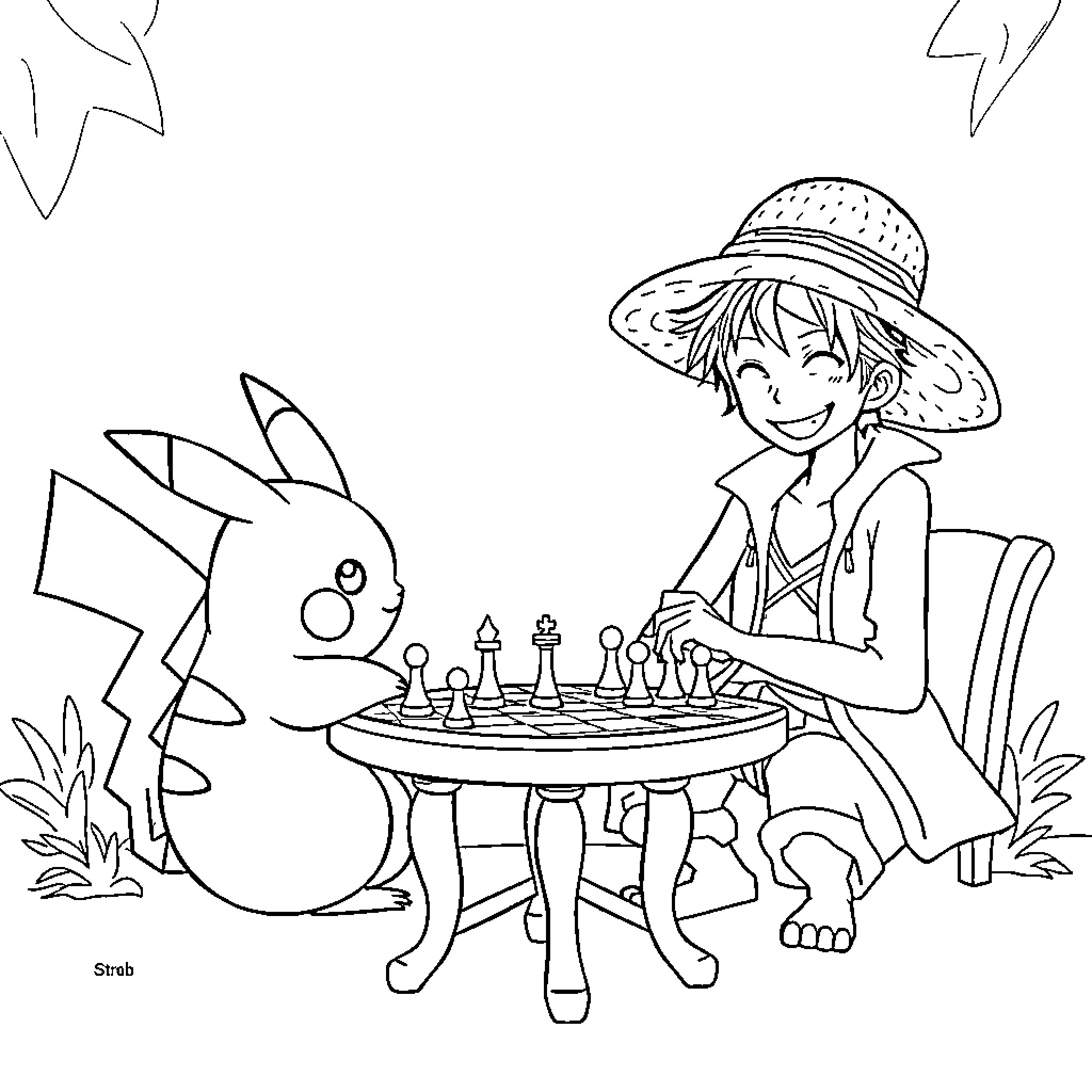 Pikachu and boy playing chess in the park Coloring Page (free black-and-white line drawing printable PDF for all, from beginners to advanced learners, including children, teens, adults, and seniors)