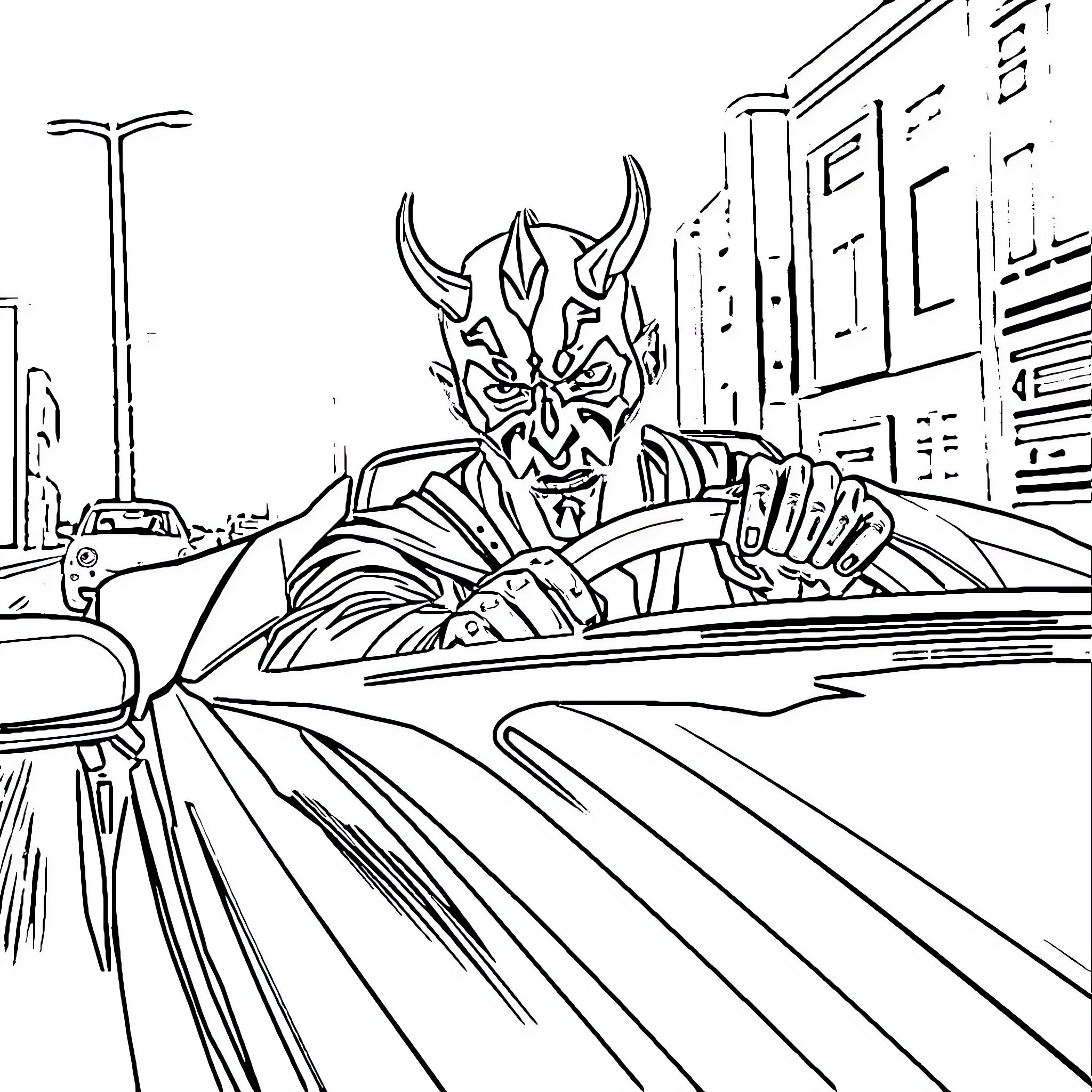 Darth Maul driving furiously in city streets Coloring Page (free black-and-white line drawing printable PDF for all, from beginners to advanced learners, including children, teens, adults, and seniors)