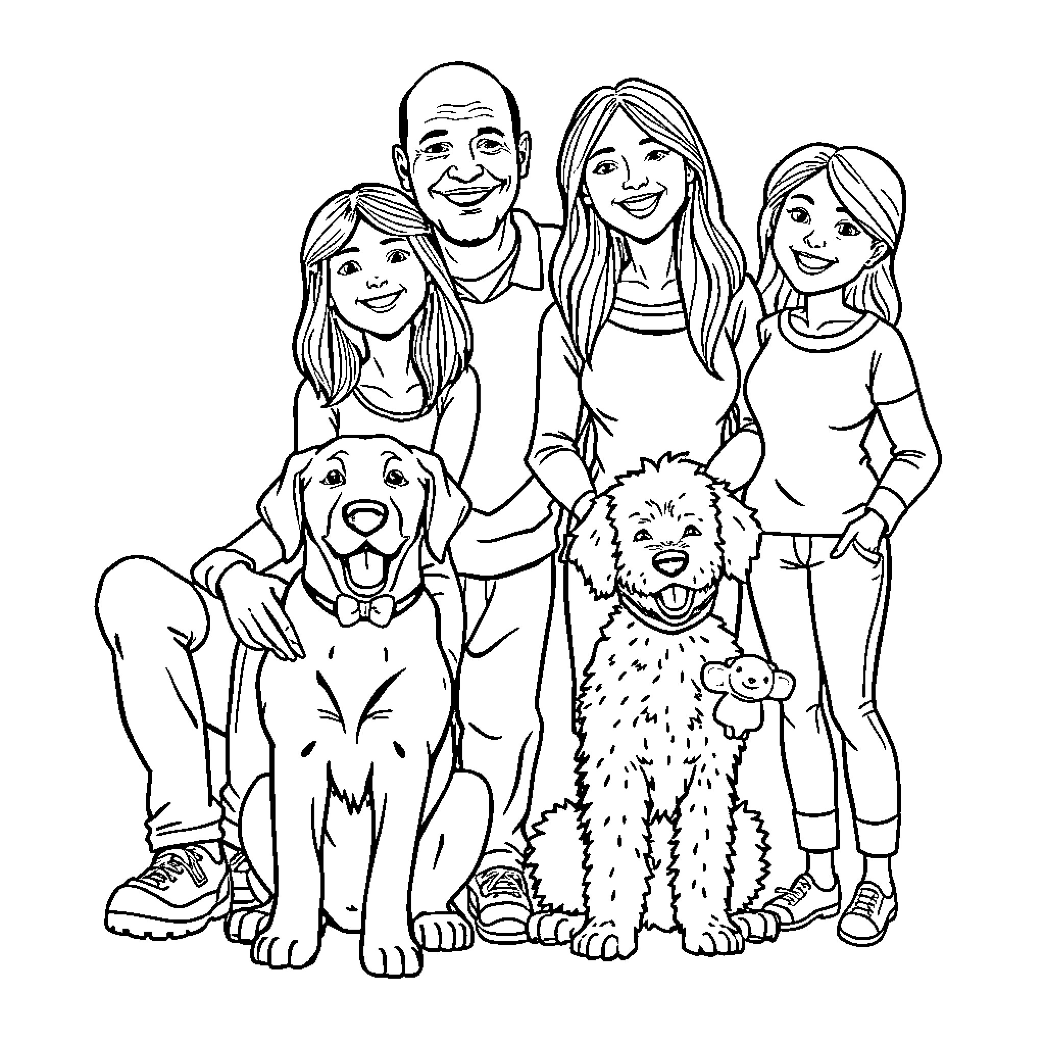 Labrador family posing together with pets Coloring Page (free black-and-white line drawing printable PDF for all, from beginners to advanced learners, including children, teens, adults, and seniors)