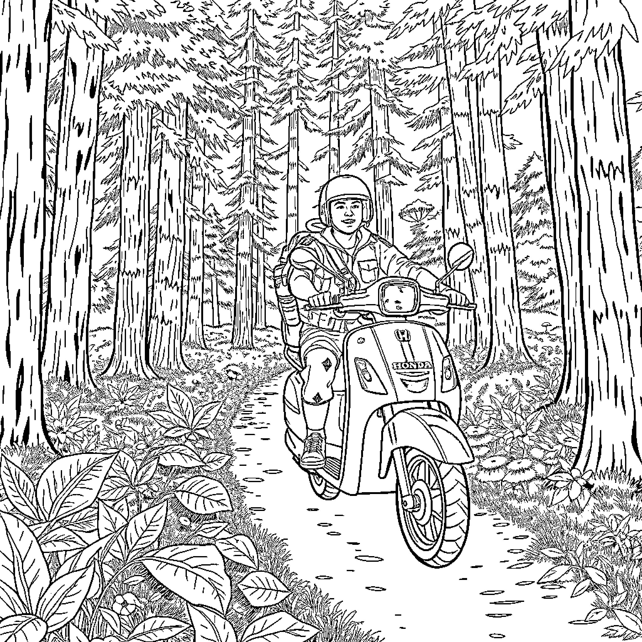 Scout Trooper riding a scooter through the forest Coloring Page (free black-and-white line drawing printable PDF for all, from beginners to advanced learners, including children, teens, adults, and seniors)