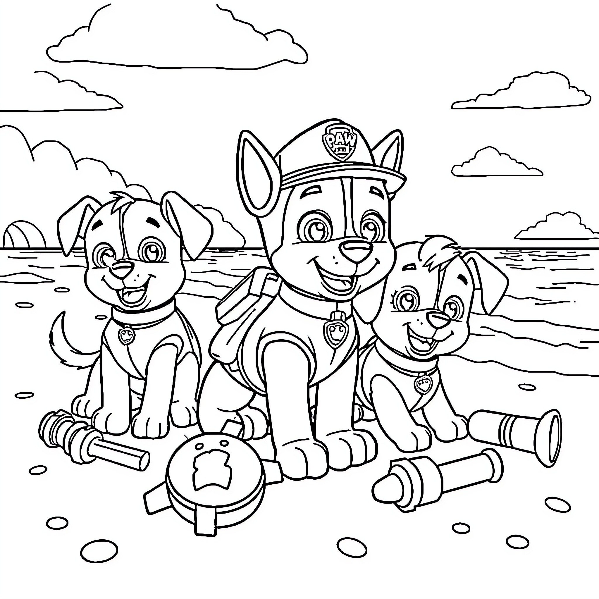 Paw Patrol on the Beach Coloring Page (free black-and-white line drawing printable PDF for all, from beginners to advanced learners, including children, teens, adults, and seniors)
