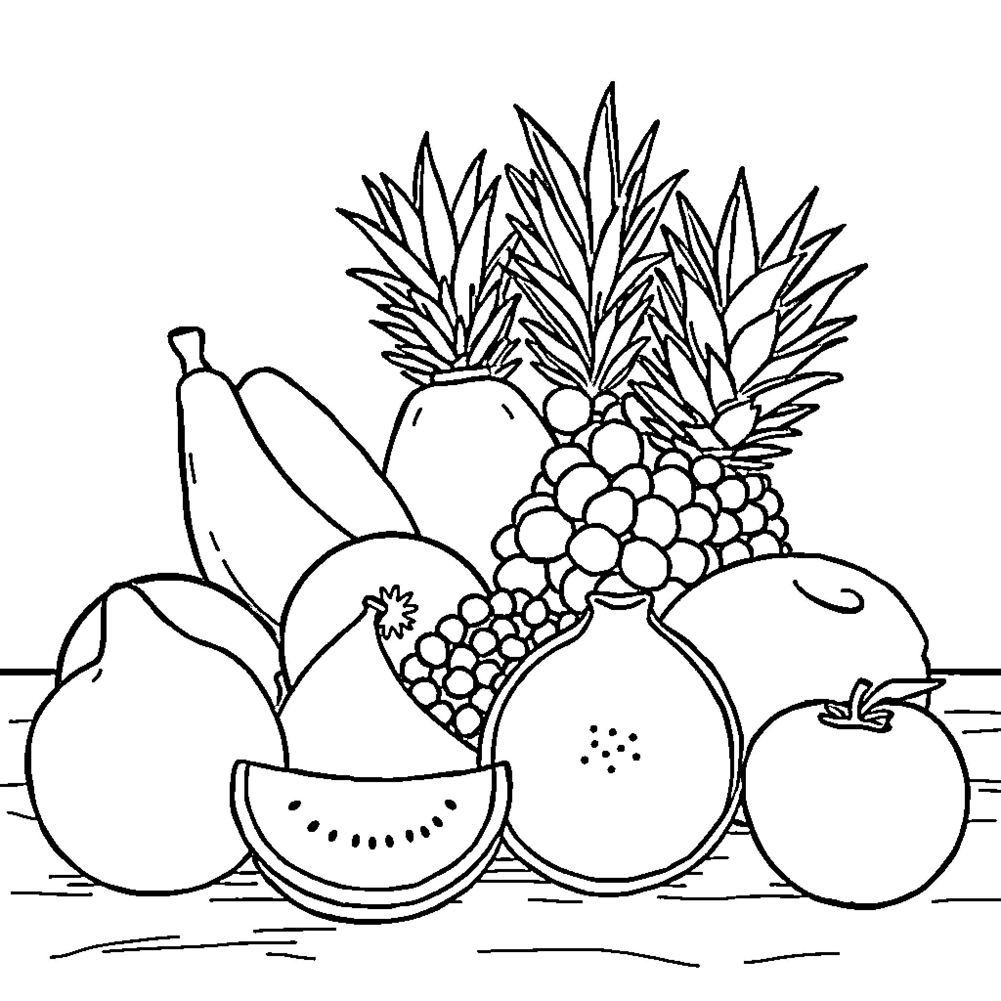 Fruit with assortment of shapes and sizes Coloring Page (free black-and-white line drawing printable PDF for all, from beginners to advanced learners, including children, teens, adults, and seniors)