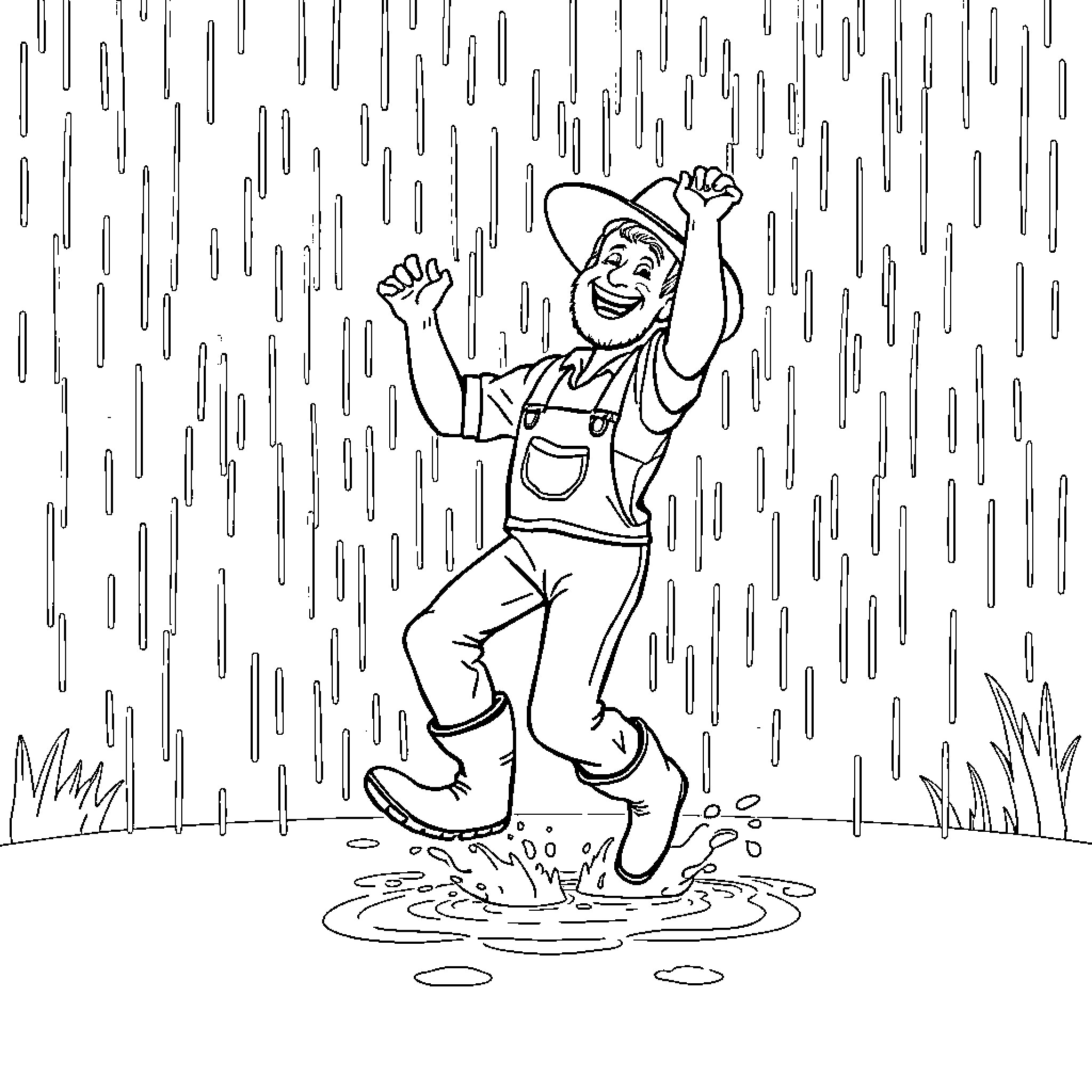 Farmer joyfully dancing in the rain Coloring Page (free black-and-white line drawing printable PDF for all, from beginners to advanced learners, including children, teens, adults, and seniors)