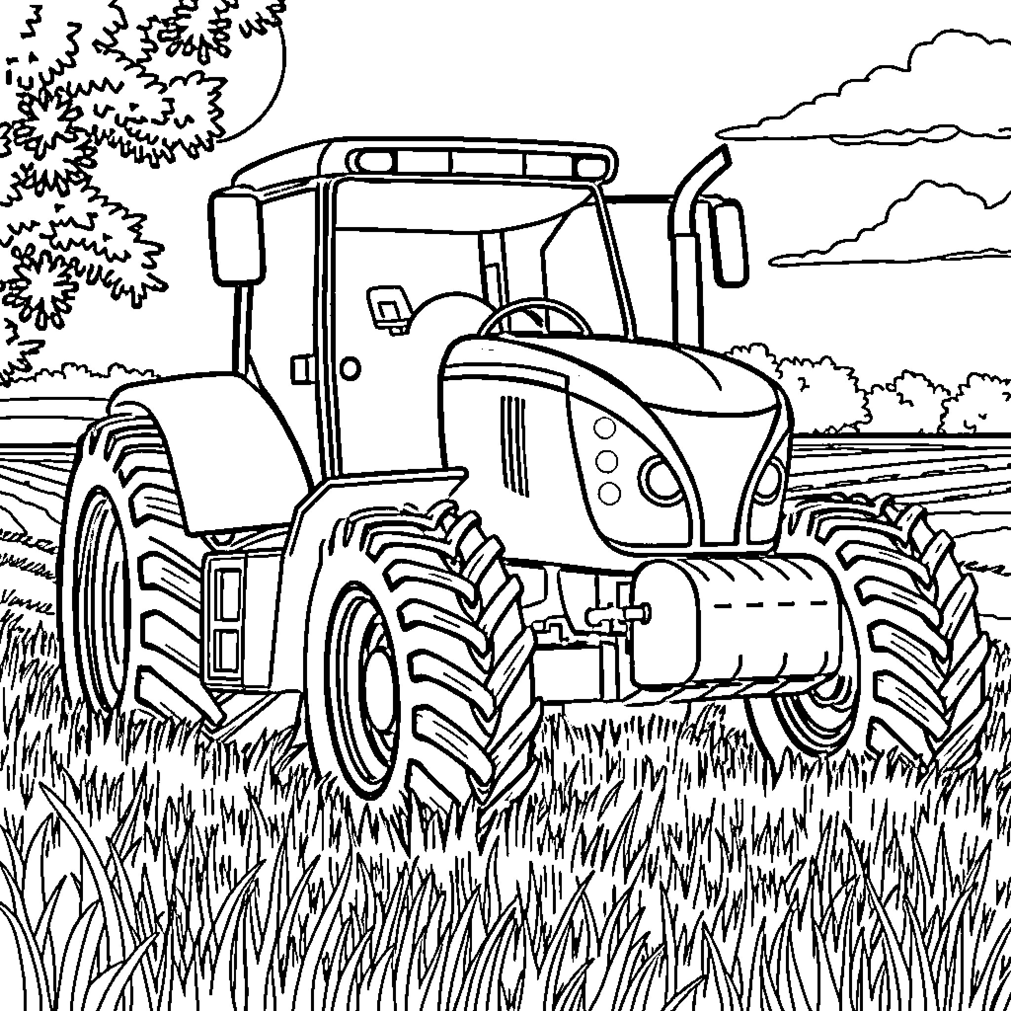 Tractor working in the farm field Coloring Page (free black-and-white line drawing printable PDF for all, from beginners to advanced learners, including children, teens, adults, and seniors)