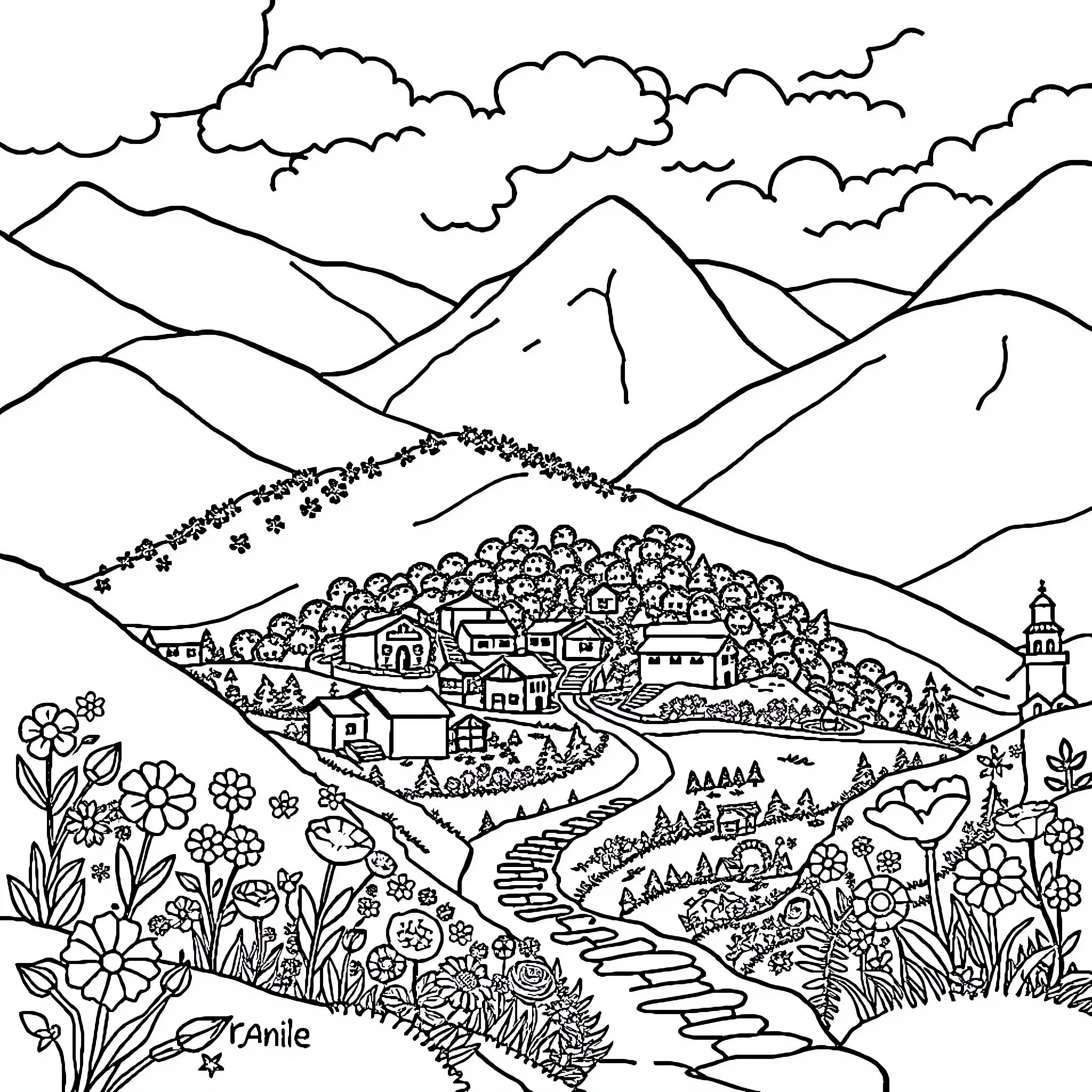 Mandala of a quaint mountain village landscape Coloring Page (free black-and-white line drawing printable PDF for all, from beginners to advanced learners, including children, teens, adults, and seniors)
