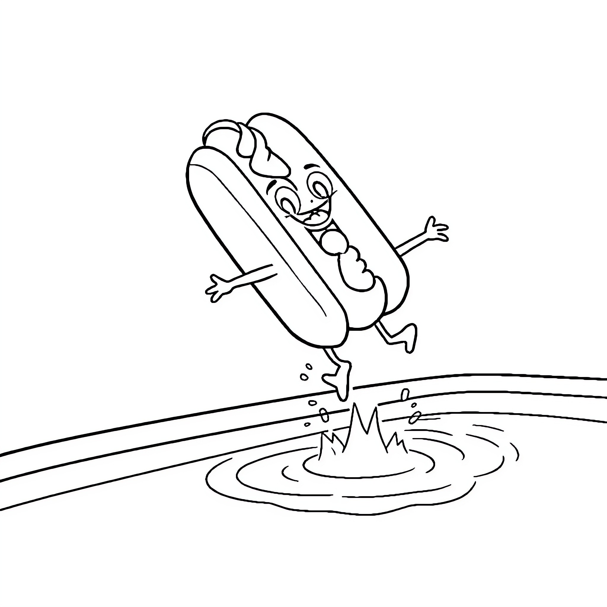 Hotdog jumping into a puddle Coloring Page (free black-and-white line drawing printable PDF for all, from beginners to advanced learners, including children, teens, adults, and seniors)