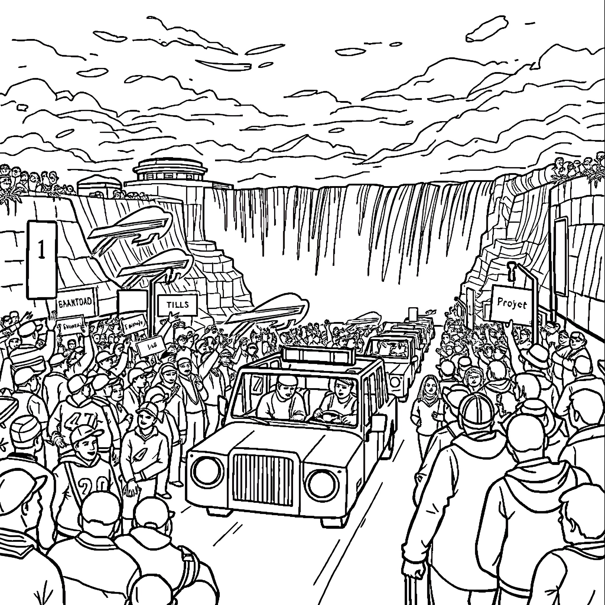 Buffalo protest at majestic waterfall landscape Coloring Page (free black-and-white line drawing printable PDF for all, from beginners to advanced learners, including children, teens, adults, and seniors)