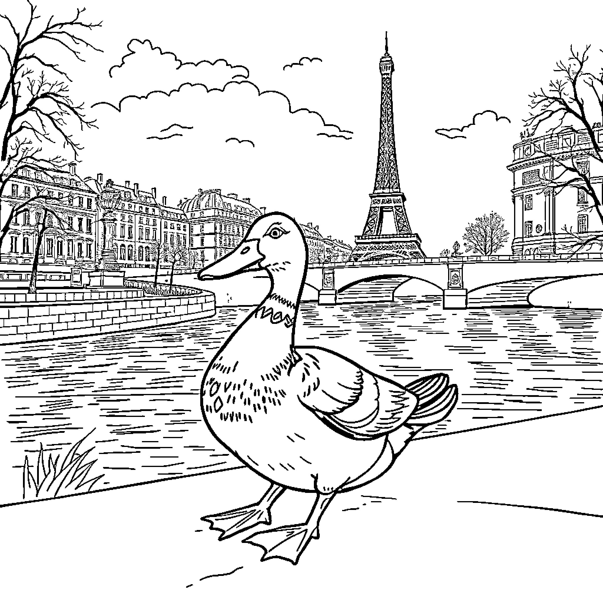 Duck exploring the scenic Paris cityscape Coloring Page (free black-and-white line drawing printable PDF for all, from beginners to advanced learners, including children, teens, adults, and seniors)