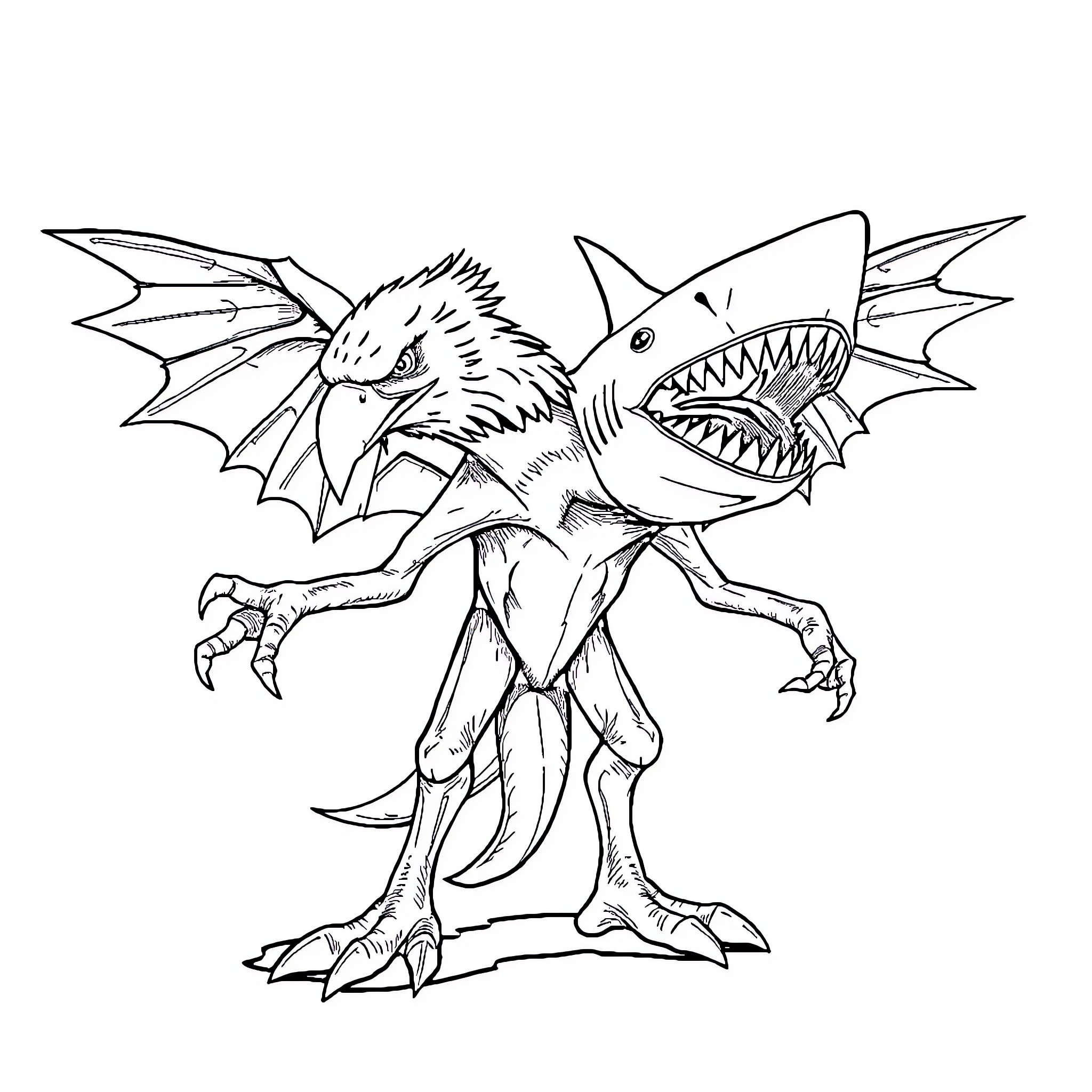 Creature with menacing fangs and wings Coloring Page (free black-and-white line drawing printable PDF for all, from beginners to advanced learners, including children, teens, adults, and seniors)