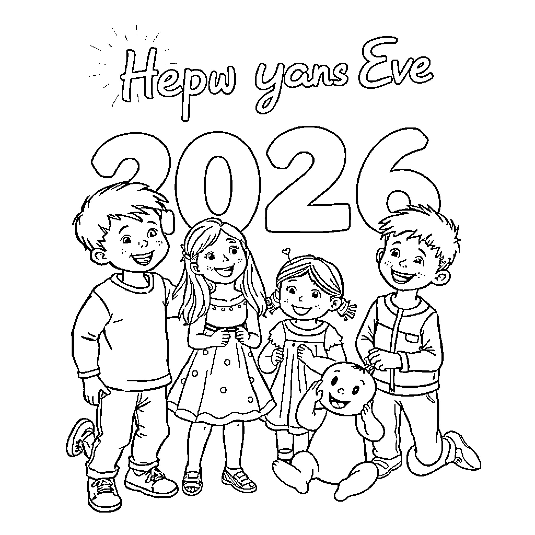 Child celebrating the new year with family Coloring Page (free black-and-white line drawing printable PDF for all, from beginners to advanced learners, including children, teens, adults, and seniors)