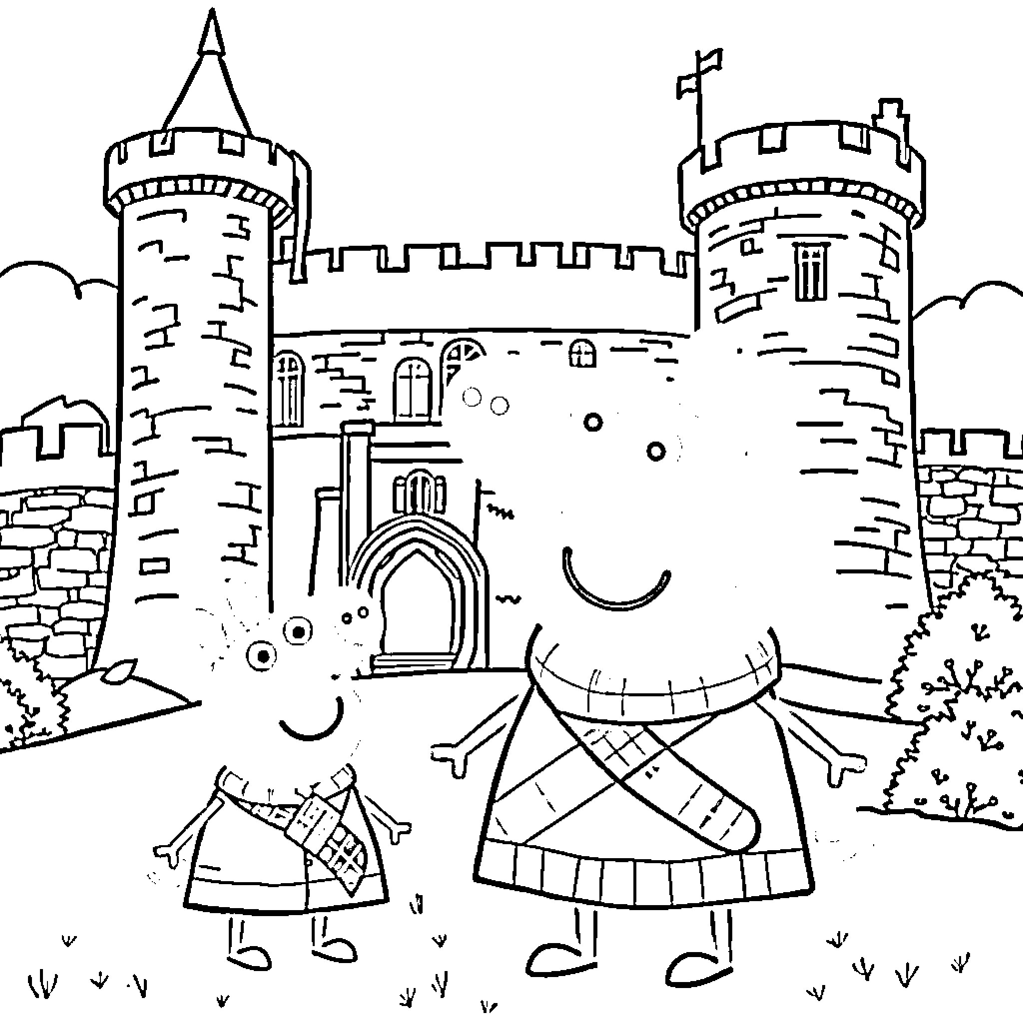 Peppa Pig and her friend exploring a medieval castle Coloring Page (free black-and-white line drawing printable PDF for all, from beginners to advanced learners, including children, teens, adults, and seniors)