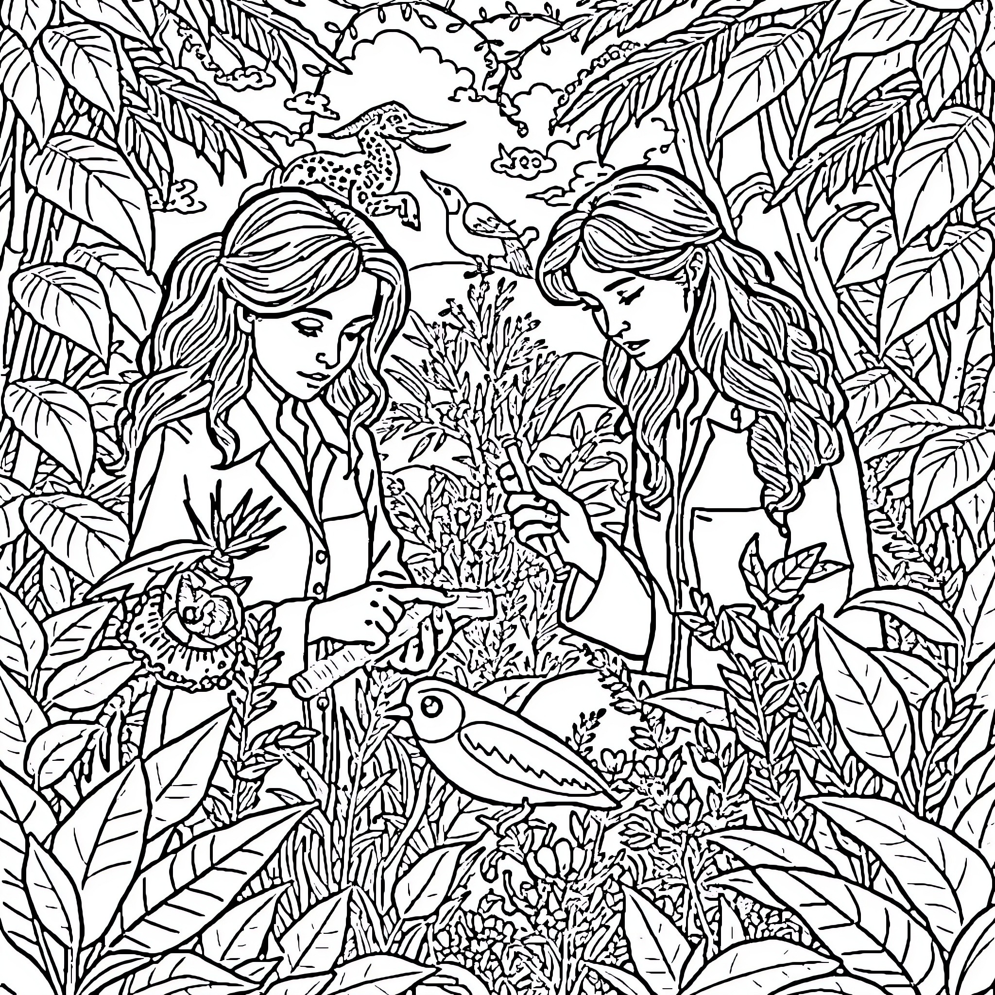 Women exploring the lush jungle foliage Coloring Page (free black-and-white line drawing printable PDF for all, from beginners to advanced learners, including children, teens, adults, and seniors)
