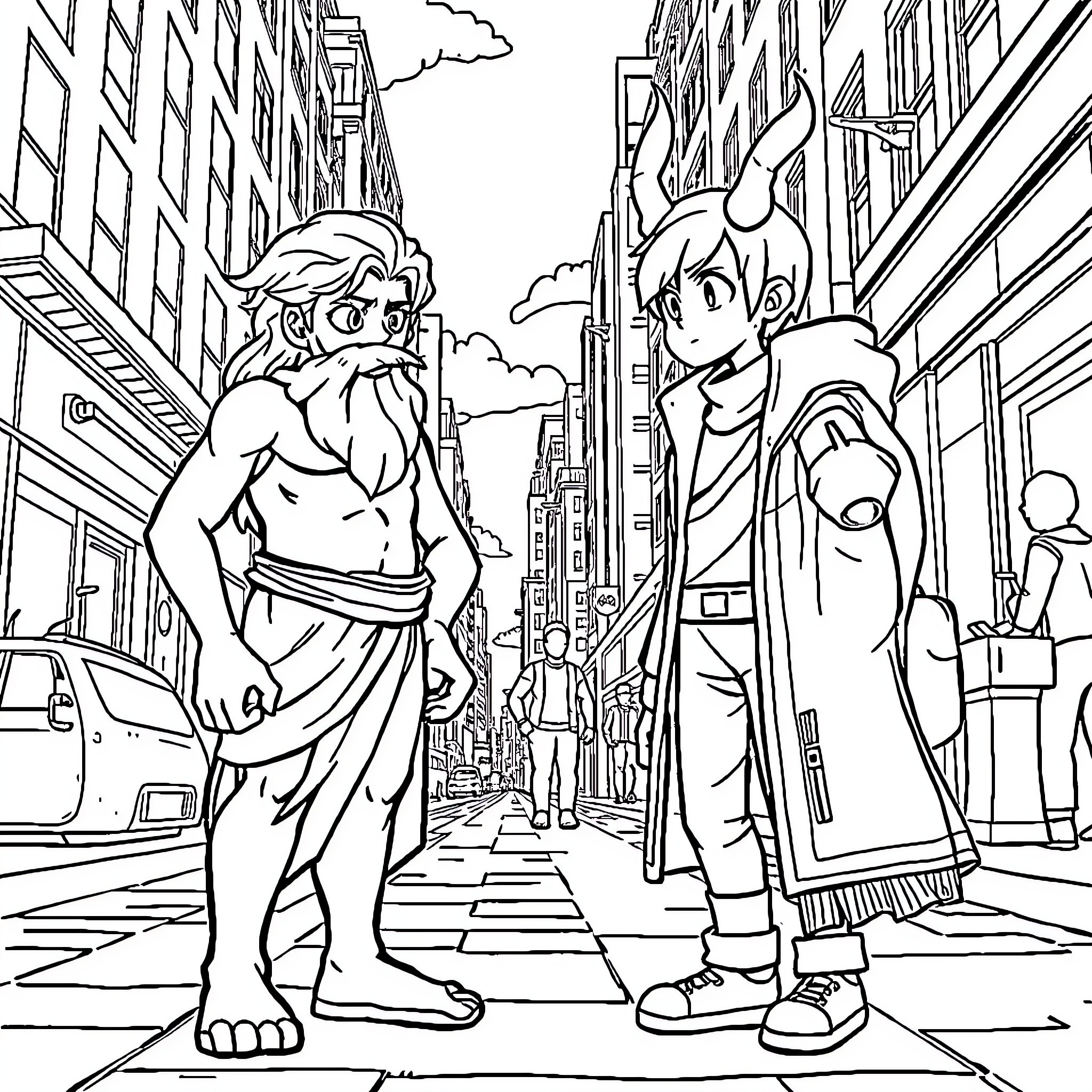 Hermes and Messenger Discussing City Street Scene Coloring Page (free black-and-white line drawing printable PDF for all, from beginners to advanced learners, including children, teens, adults, and seniors)