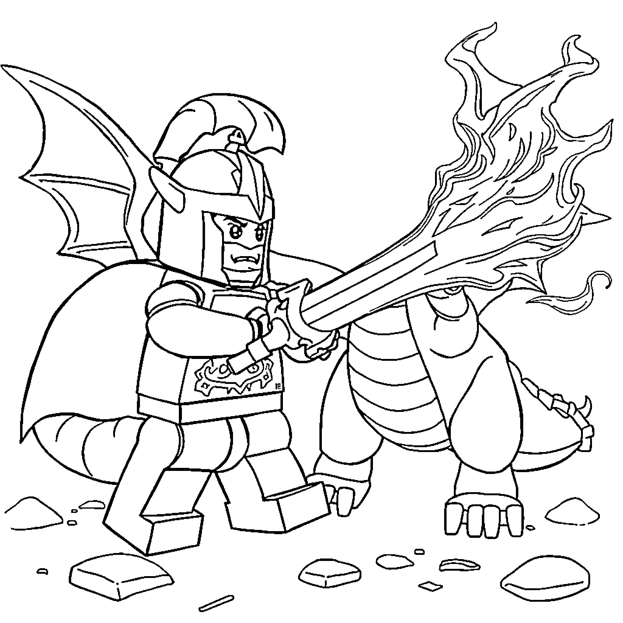 Knight battling a fierce dragon with fiery breath Coloring Page (free black-and-white line drawing printable PDF for all, from beginners to advanced learners, including children, teens, adults, and seniors)