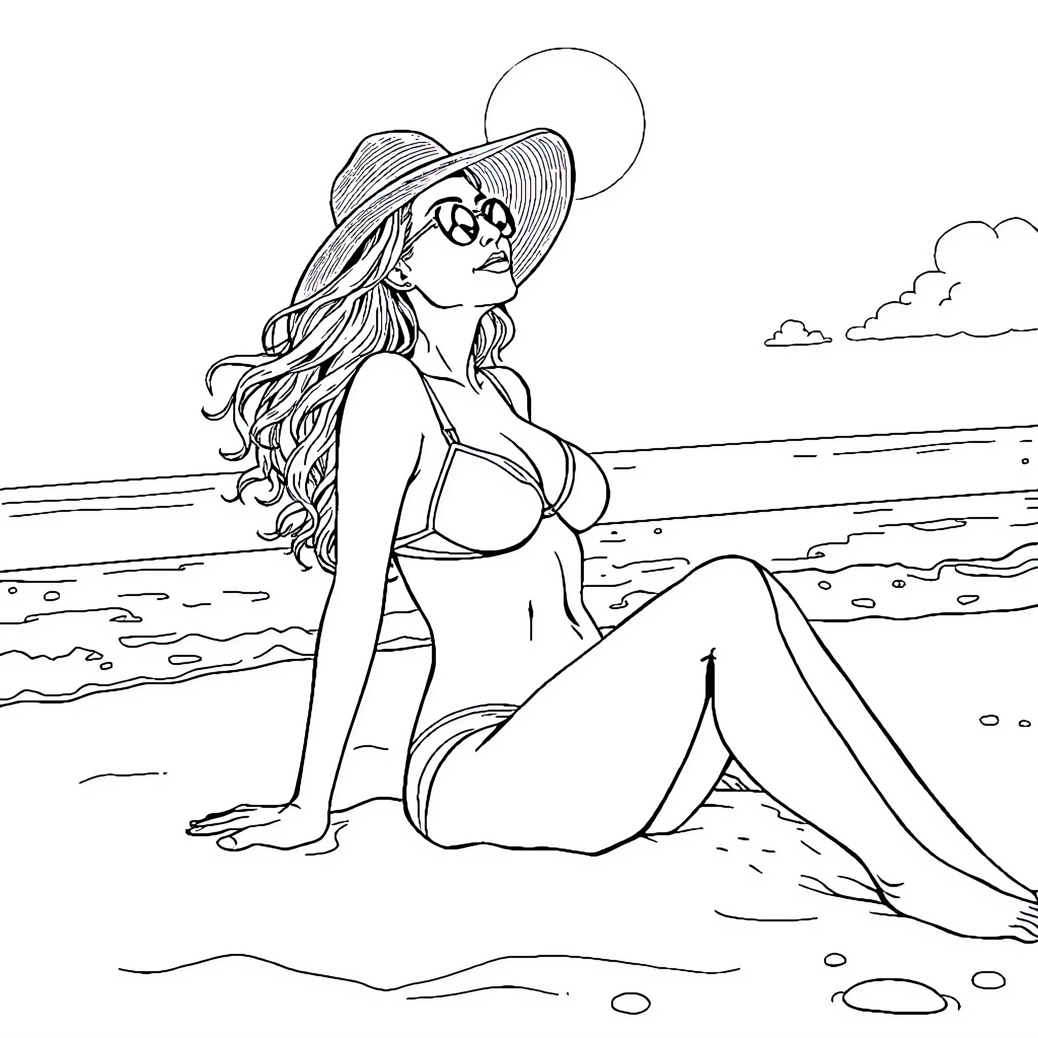 Woman enjoying a sunny day at the beach Coloring Page (free black-and-white line drawing printable PDF for all, from beginners to advanced learners, including children, teens, adults, and seniors)