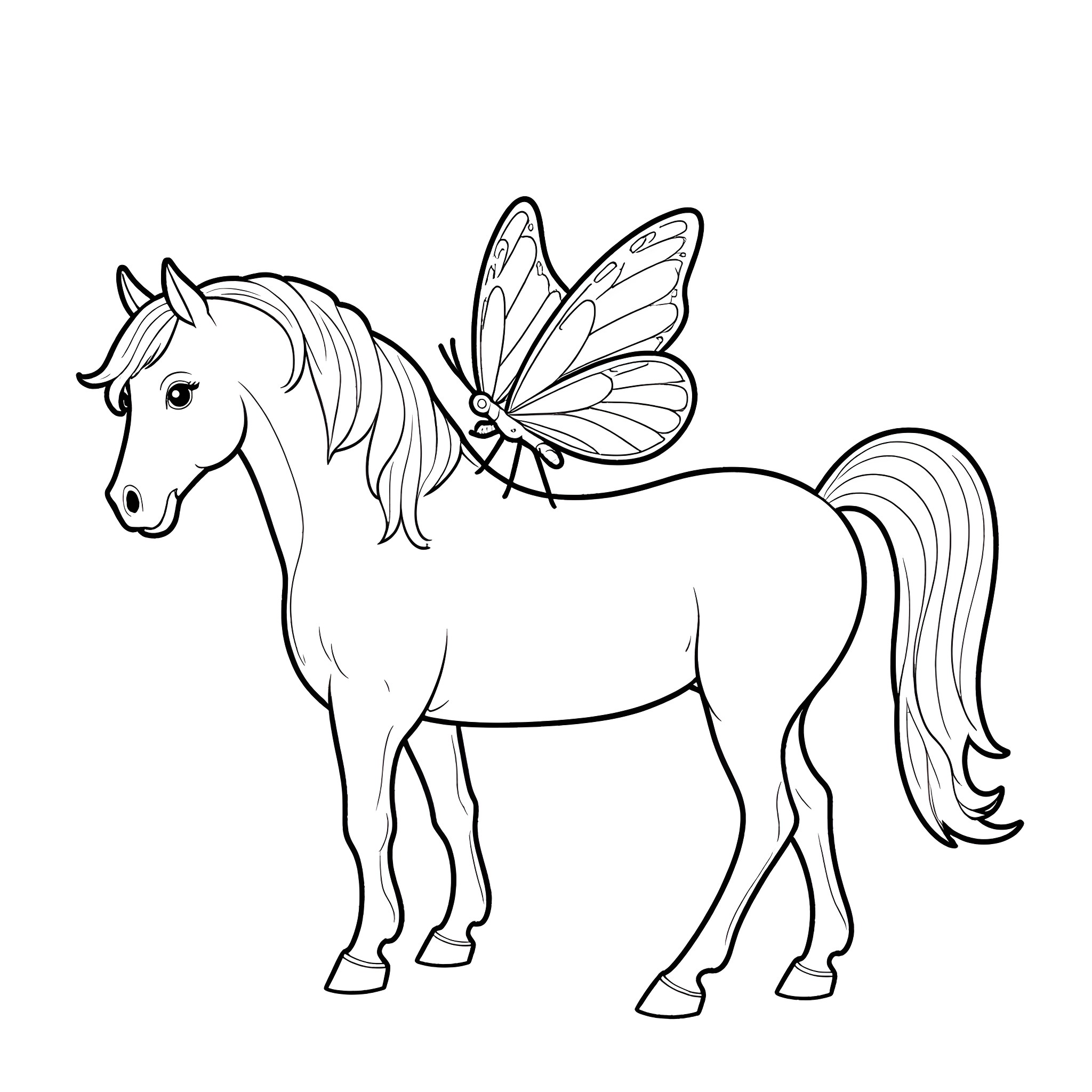 Butterfly-winged horse in simple line art Coloring Page (free black-and-white line drawing printable PDF for all, from beginners to advanced learners, including children, teens, adults, and seniors)