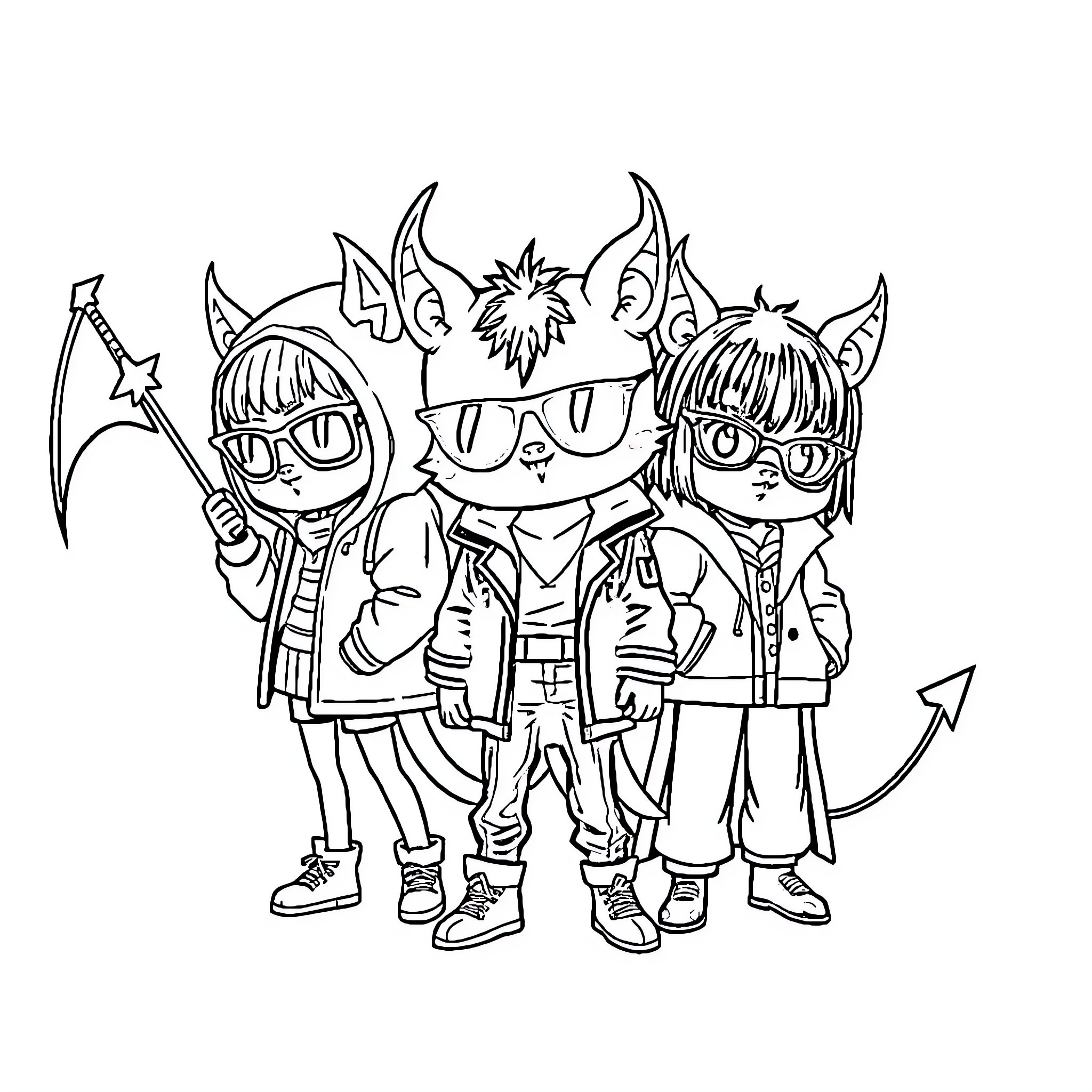 Animal Group of Cartoon Characters in Costumed Outfits Coloring Page (free black-and-white line drawing printable PDF for all, from beginners to advanced learners, including children, teens, adults, and seniors)