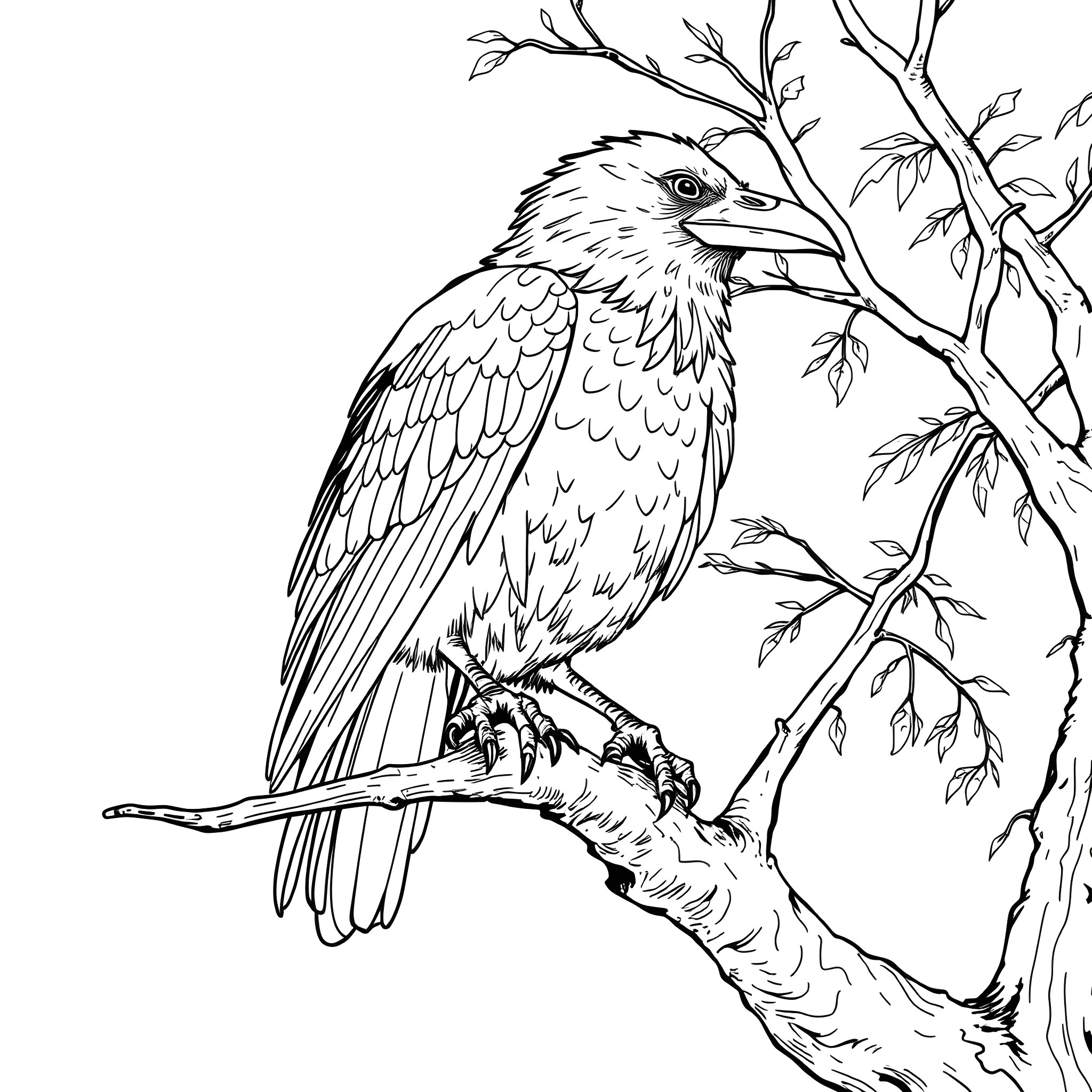 Crow perched on a branch in nature Coloring Page (free black-and-white line drawing printable PDF for all, from beginners to advanced learners, including children, teens, adults, and seniors)