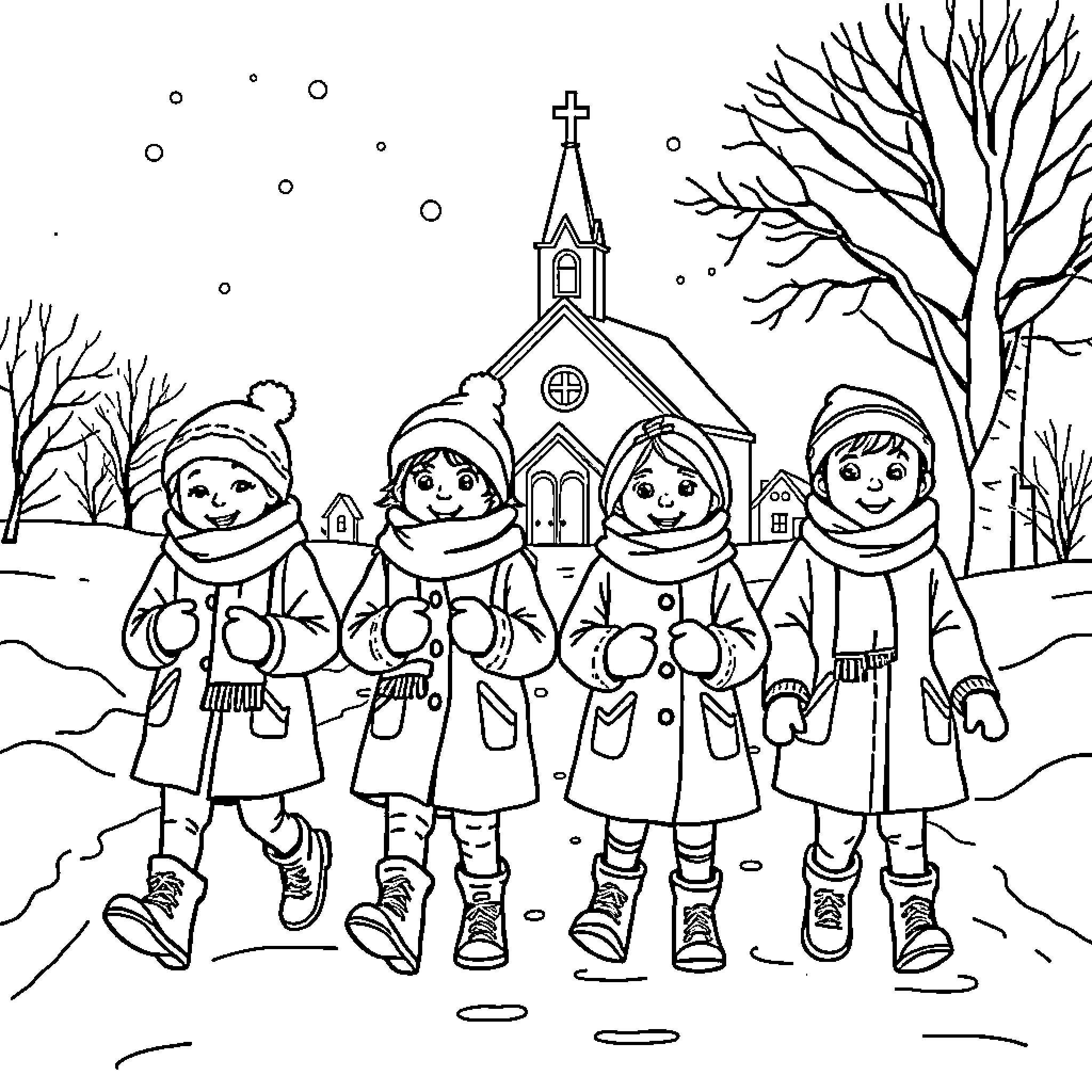 Child Carolers Singing in Winter Wonderland Coloring Page (free black-and-white line drawing printable PDF for all, from beginners to advanced learners, including children, teens, adults, and seniors)
