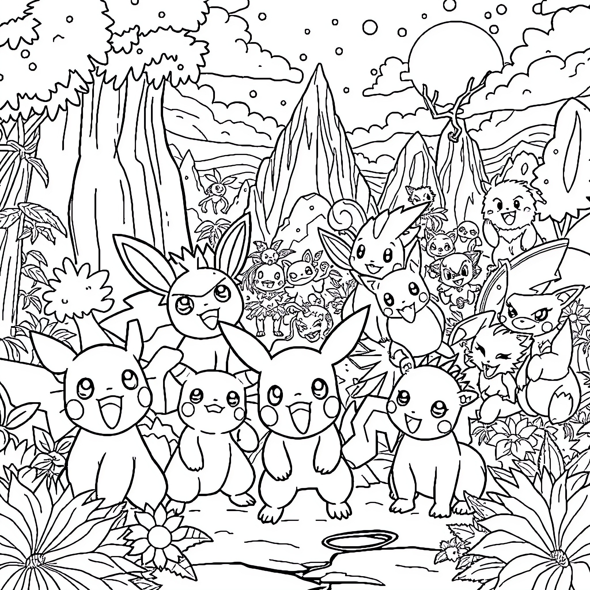 Pokémon characters gathering in a fantasy landscape Coloring Page (free black-and-white line drawing printable PDF for all, from beginners to advanced learners, including children, teens, adults, and seniors)
