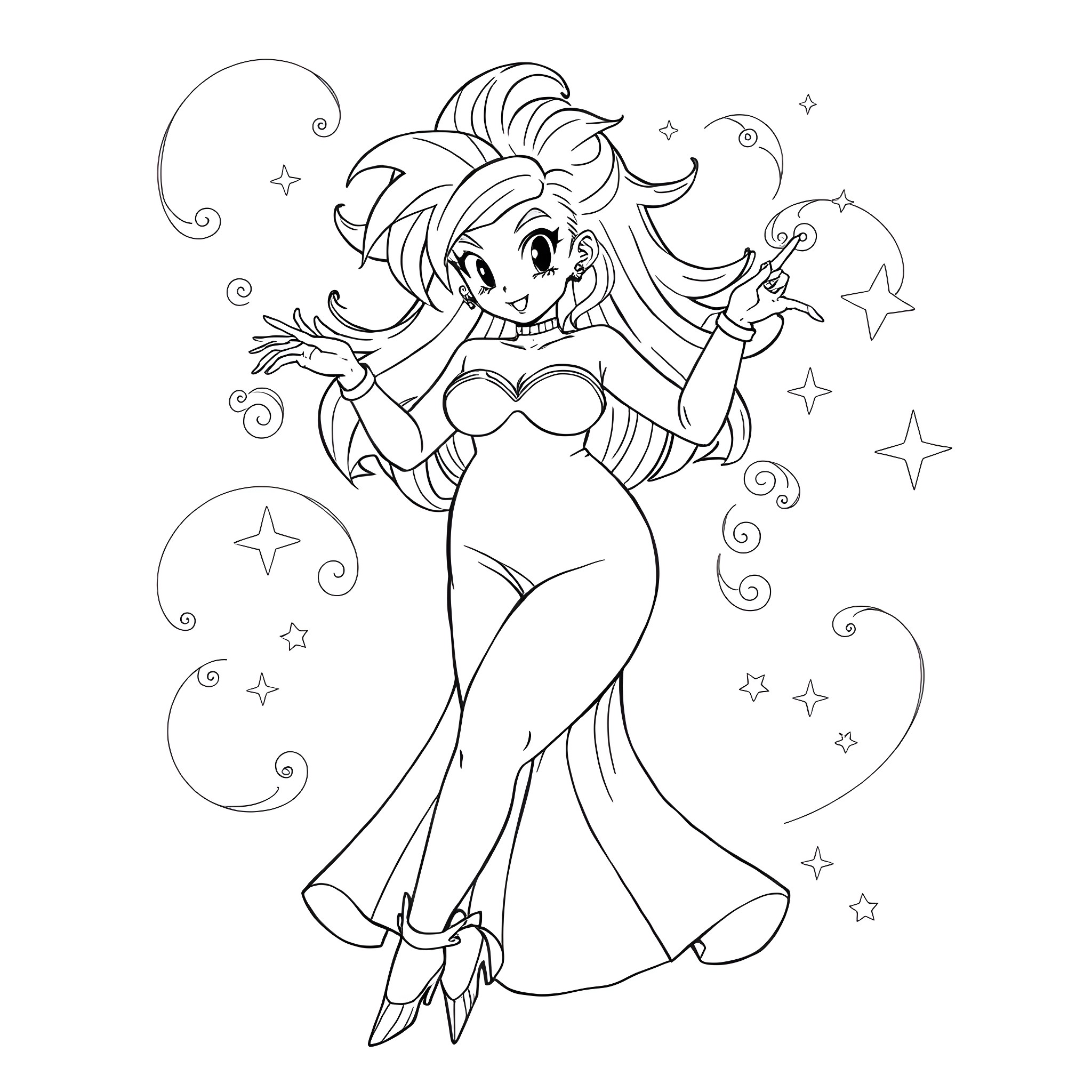 Belly of a Fantastical Anime Dancer Coloring Page (free black-and-white line drawing printable PDF for all, from beginners to advanced learners, including children, teens, adults, and seniors)