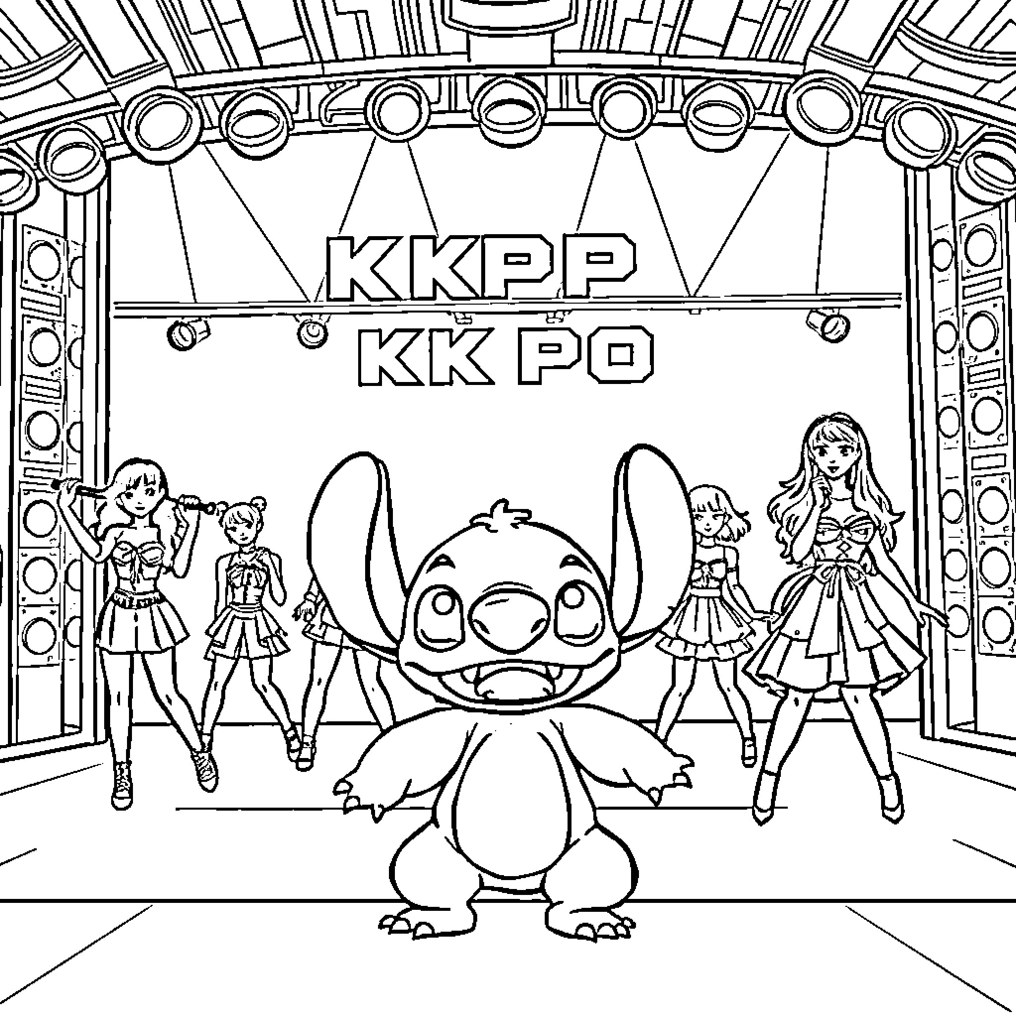 Kpop idols performing on a stage with Stitch Coloring Page (free black-and-white line drawing printable PDF for all, from beginners to advanced learners, including children, teens, adults, and seniors)