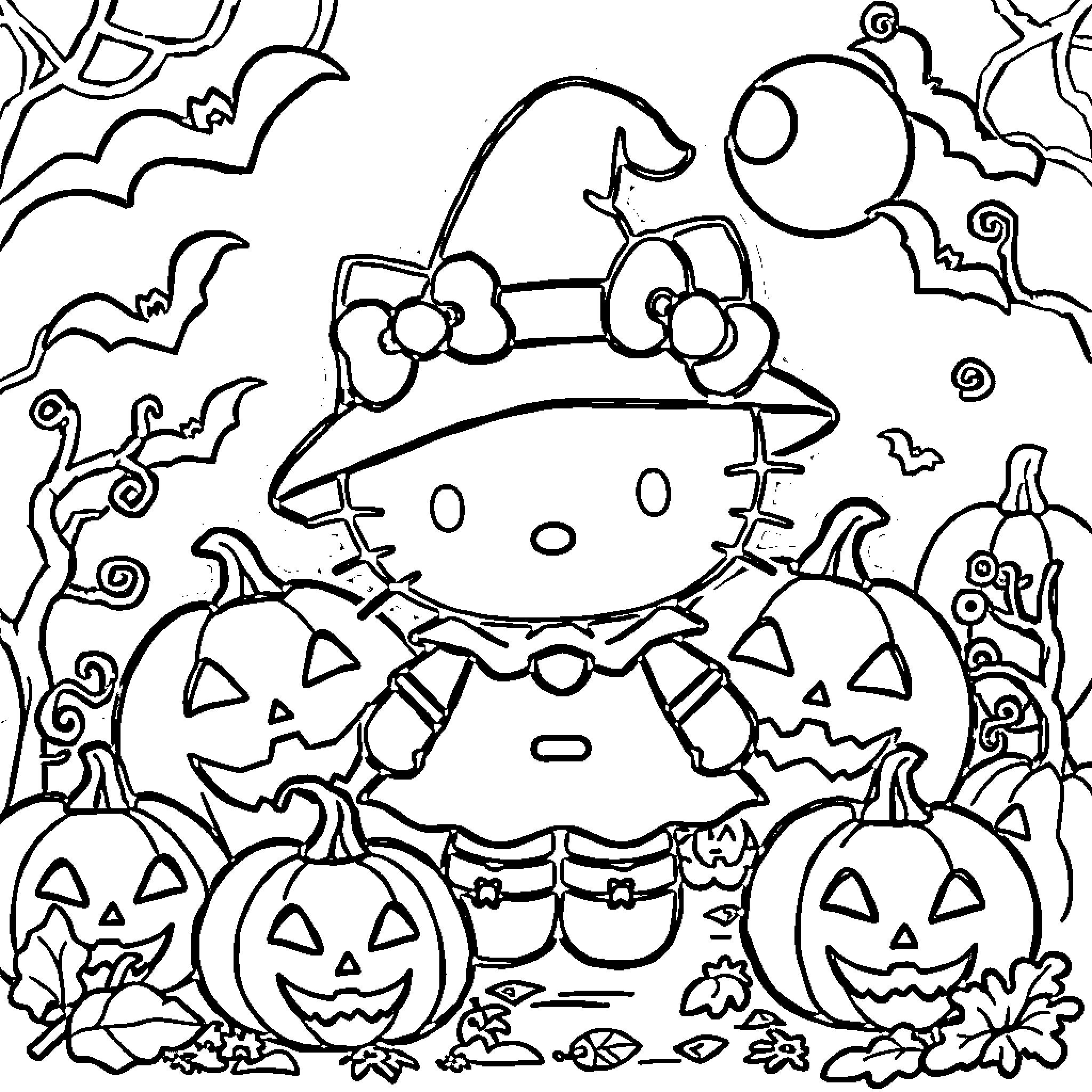 Hello Kitty's Spooky Halloween Adventure Coloring Page (free black-and-white line drawing printable PDF for all, from beginners to advanced learners, including children, teens, adults, and seniors)