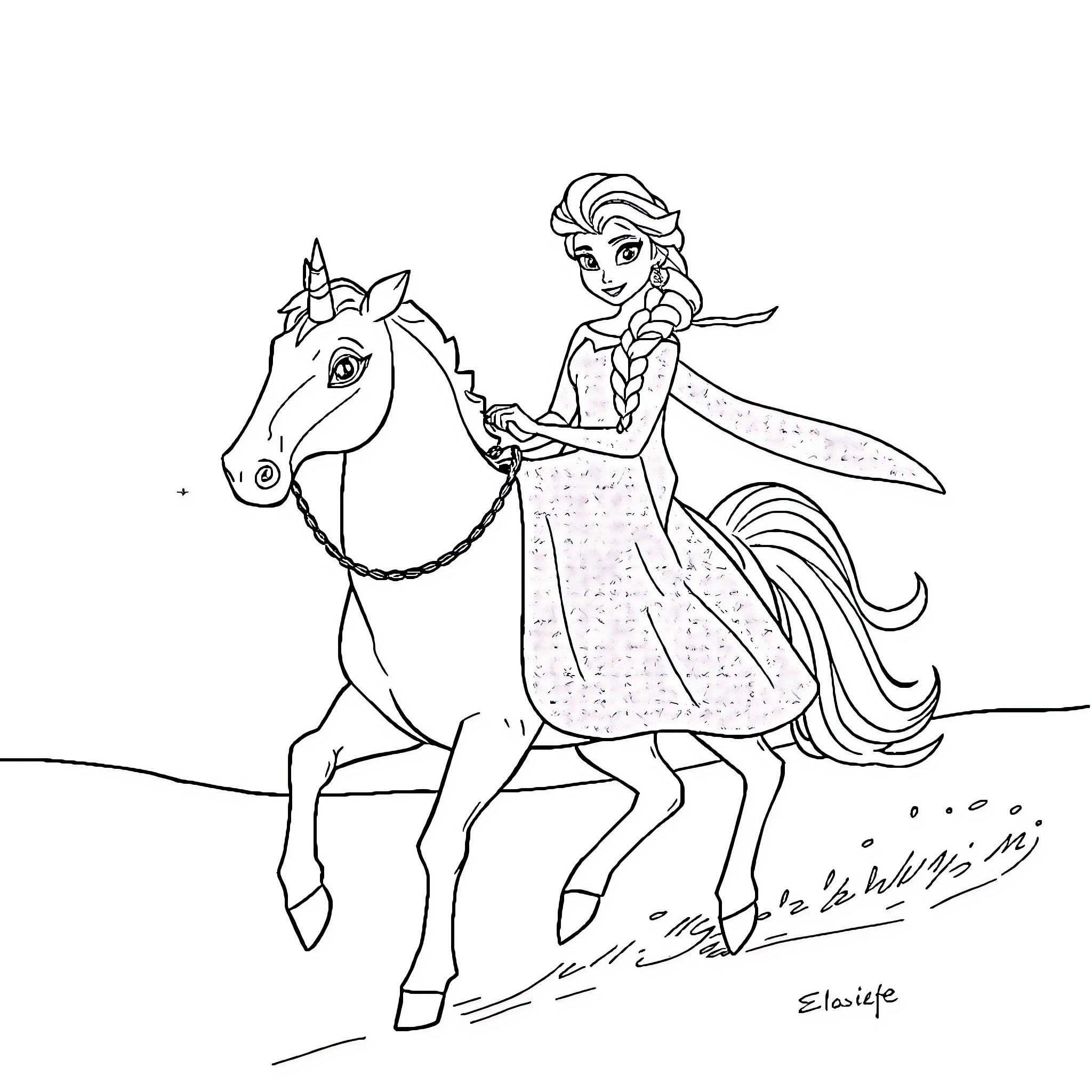 Elsa riding a majestic horse through the wilderness Coloring Page (free black-and-white line drawing printable PDF for all, from beginners to advanced learners, including children, teens, adults, and seniors)