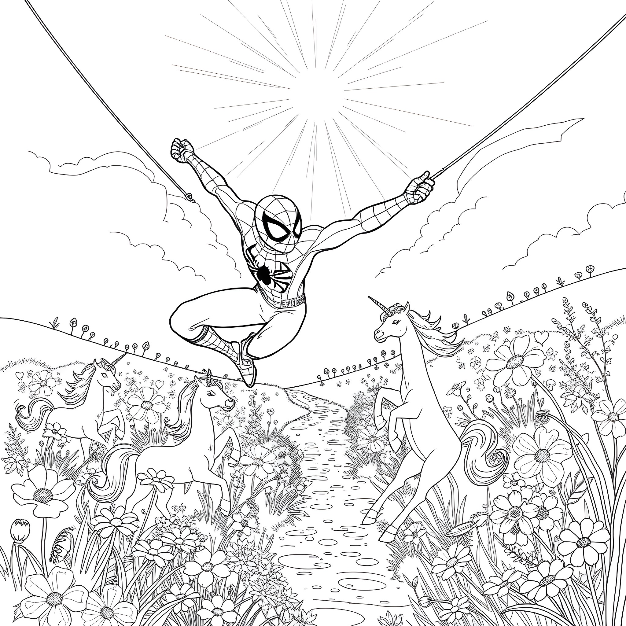 Spiderman swinging in a fantasy nature scene with unicorns Coloring Page (free black-and-white line drawing printable PDF for all, from beginners to advanced learners, including children, teens, adults, and seniors)