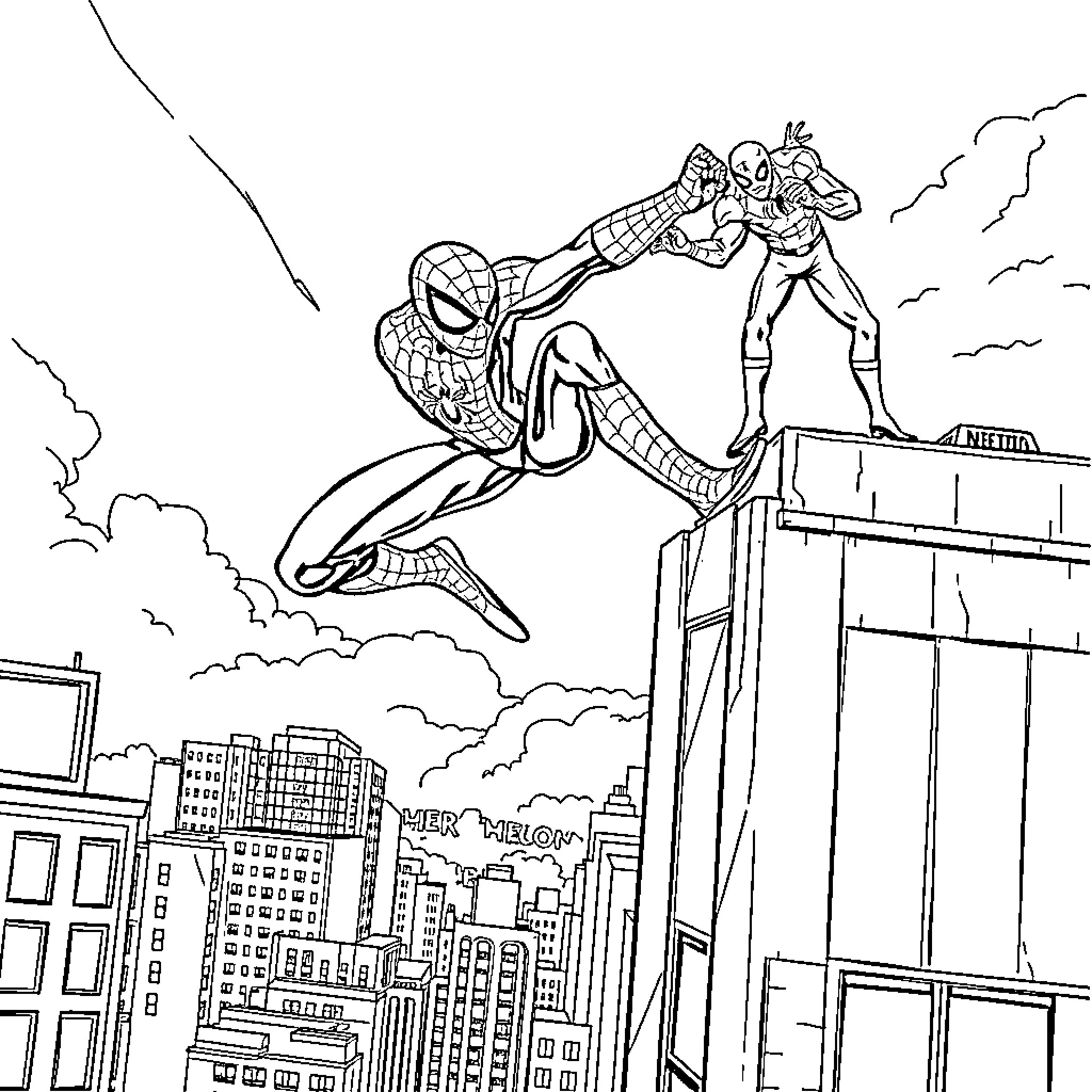 Spider-Man swinging through the city and battling villain Coloring Page (free black-and-white line drawing printable PDF for all, from beginners to advanced learners, including children, teens, adults, and seniors)