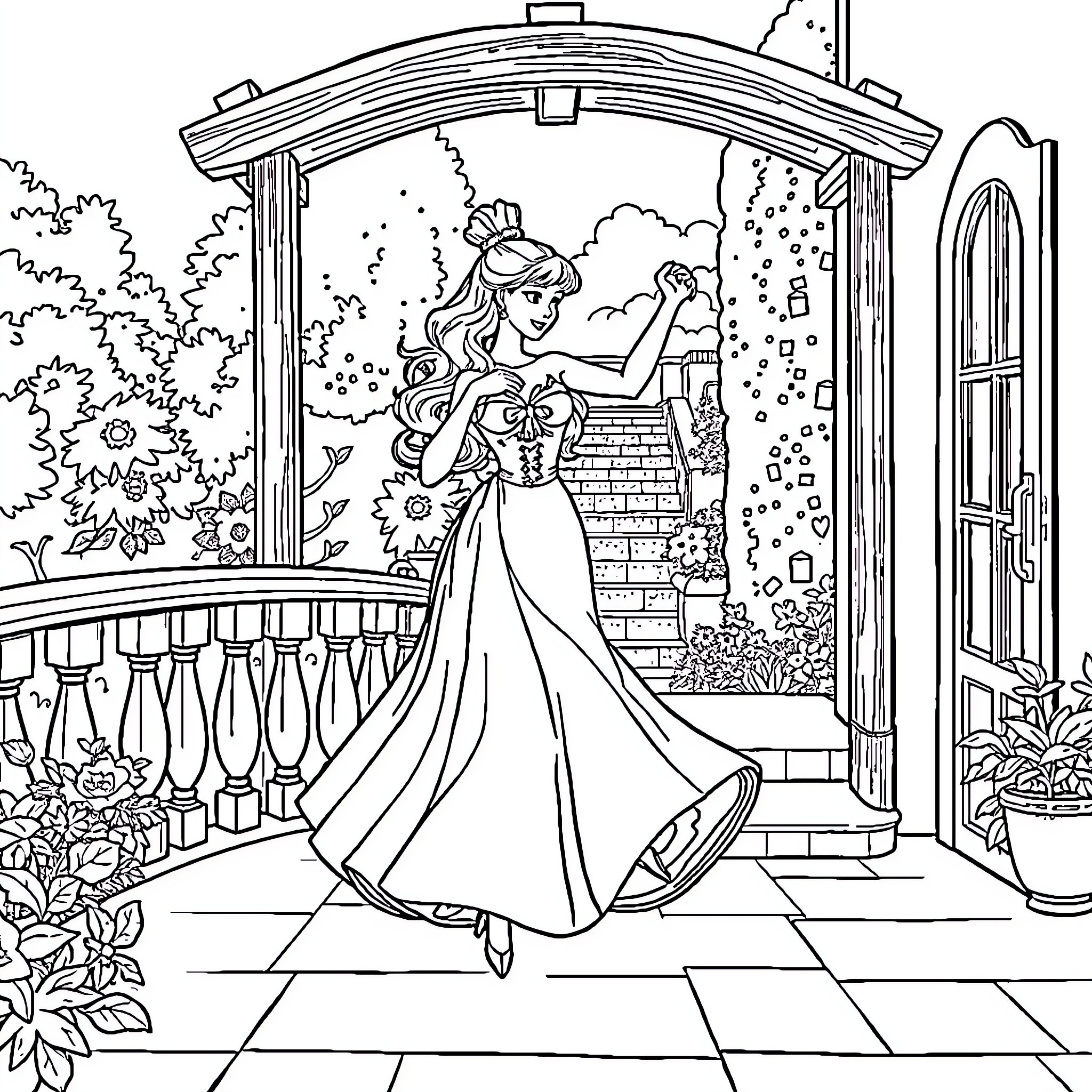 Princess Enjoying the Enchanting Garden Scenery Coloring Page (free black-and-white line drawing printable PDF for all, from beginners to advanced learners, including children, teens, adults, and seniors)