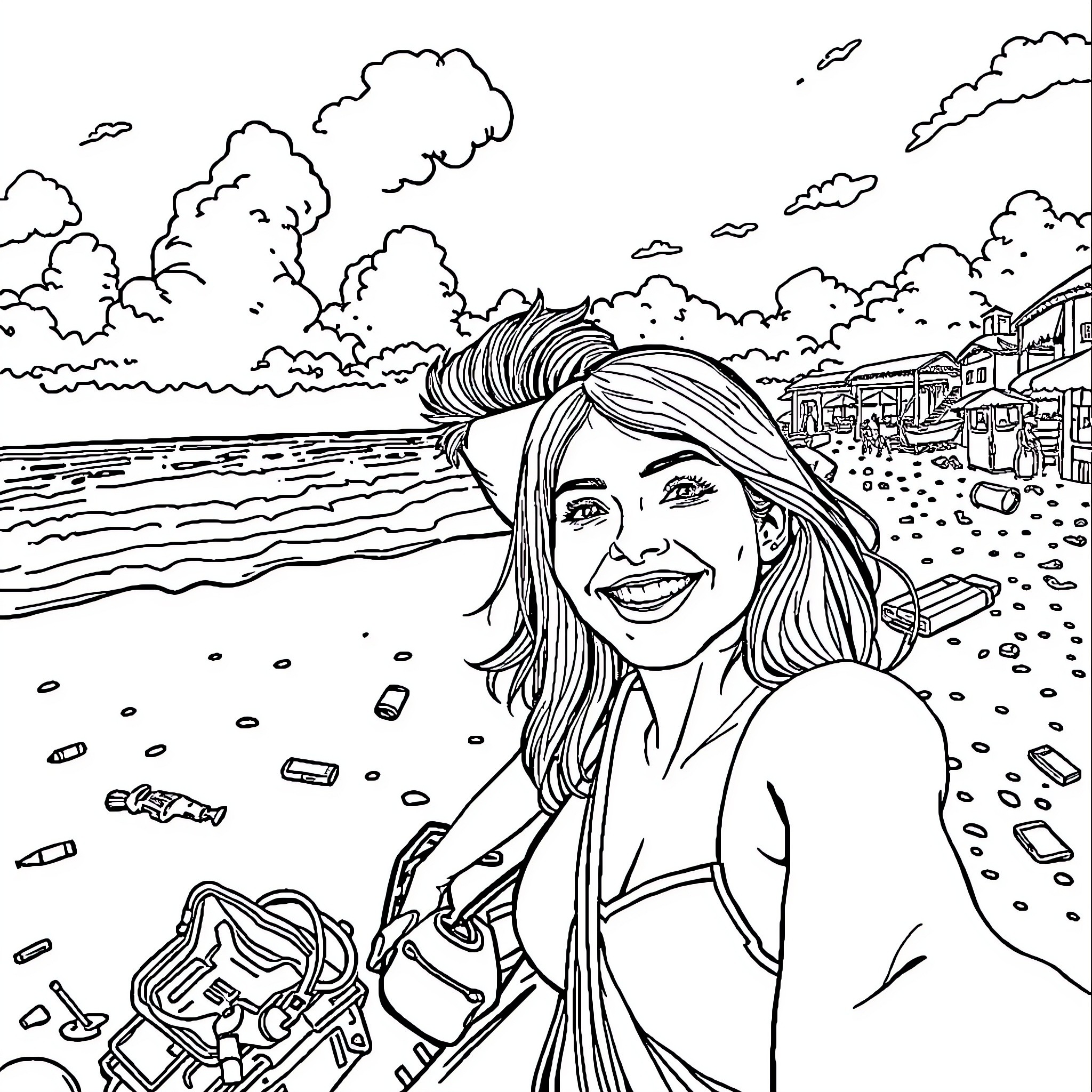Influencer posing happily on the beach Coloring Page (free black-and-white line drawing printable PDF for all, from beginners to advanced learners, including children, teens, adults, and seniors)