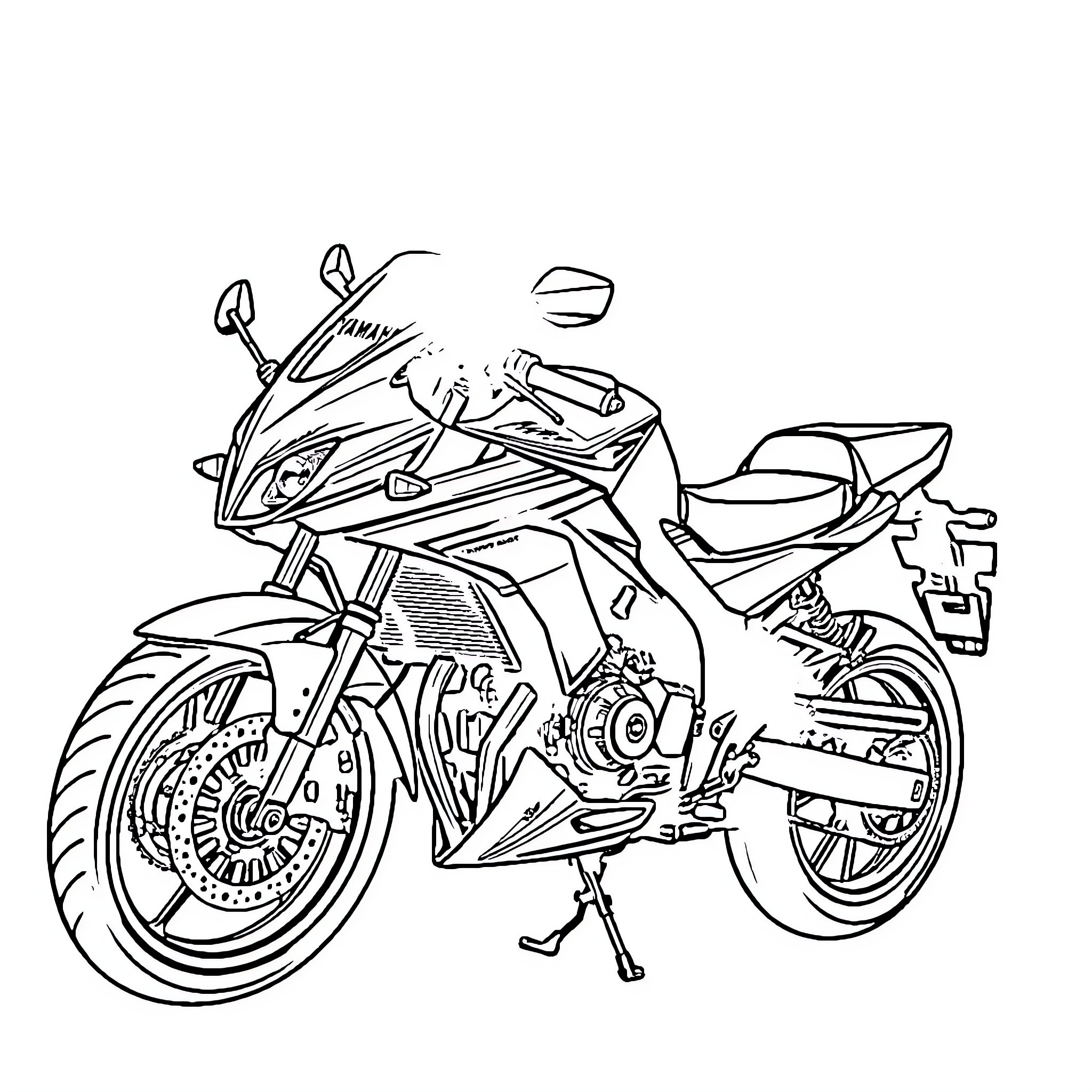 Yamaha motorcycle depicted in bold line art Coloring Page (free black-and-white line drawing printable PDF for all, from beginners to advanced learners, including children, teens, adults, and seniors)