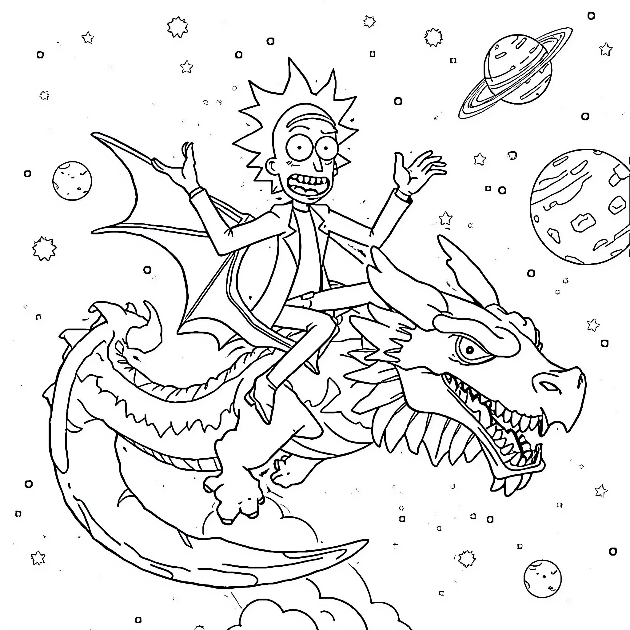 Rick riding an alien dragon in outer space Coloring Page (free black-and-white line drawing printable PDF for all, from beginners to advanced learners, including children, teens, adults, and seniors)