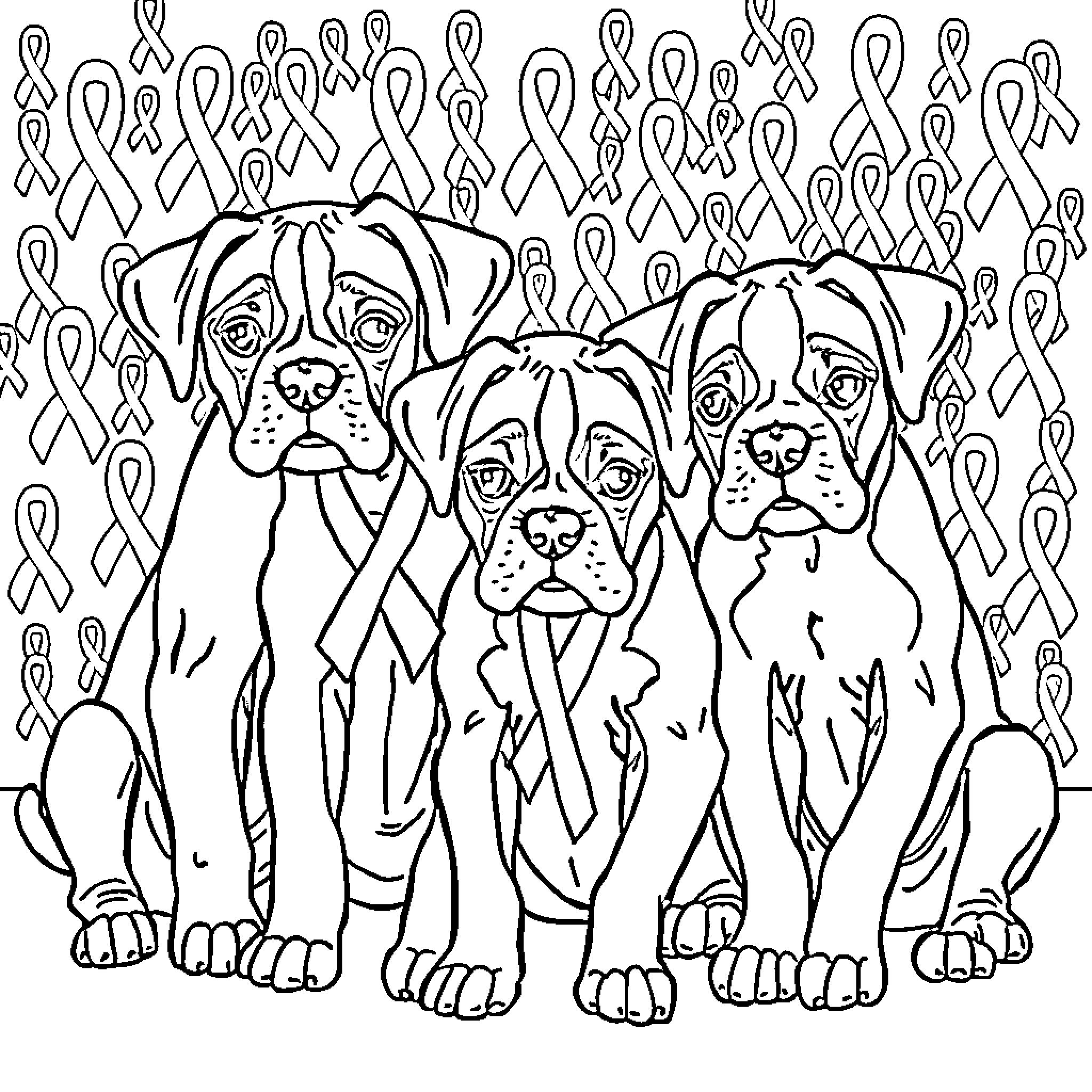 Boxer Dogs in Awareness Ribbon Themed Background Coloring Page (free black-and-white line drawing printable PDF for all, from beginners to advanced learners, including children, teens, adults, and seniors)