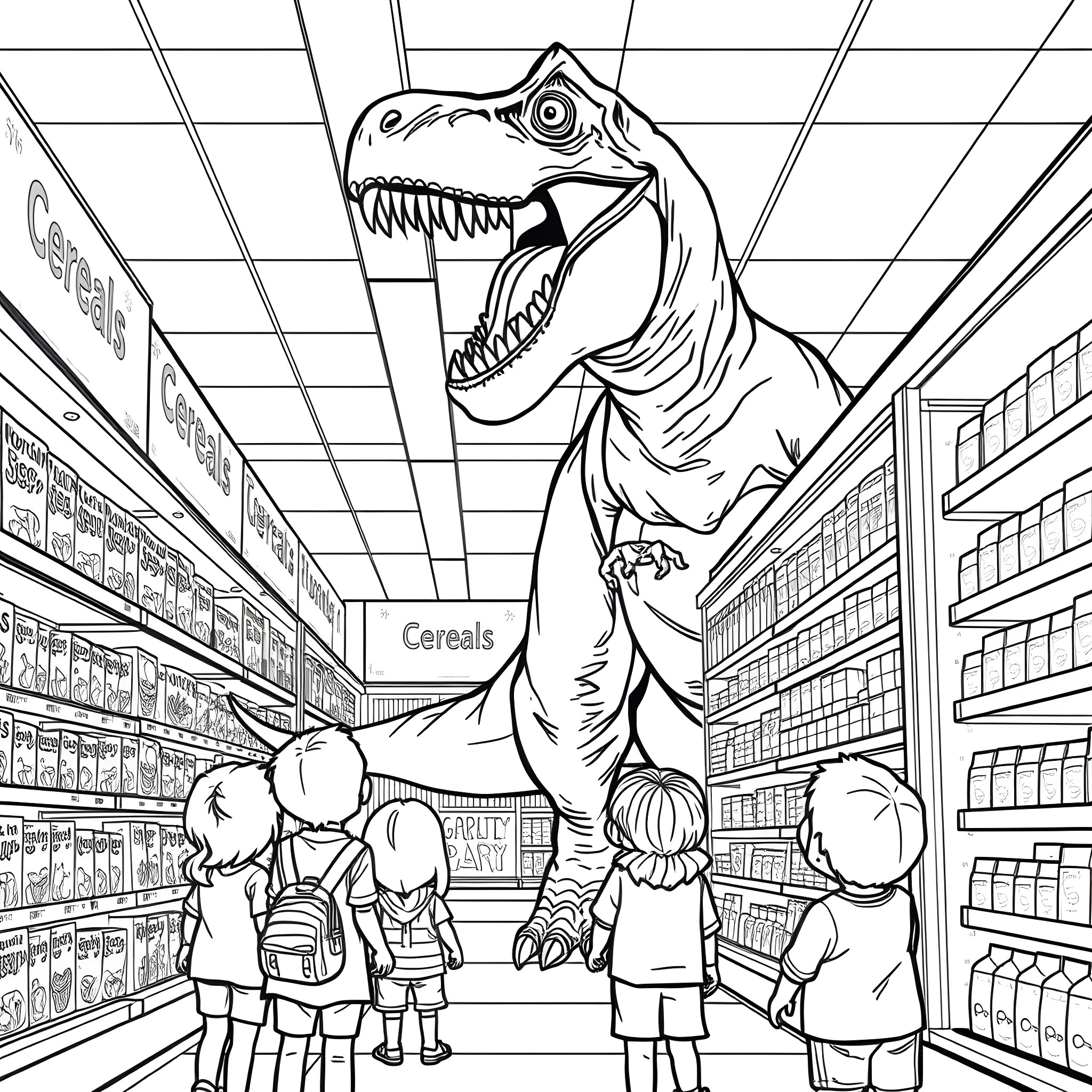 T-Rex terrorizing children in a grocery store Coloring Page (free black-and-white line drawing printable PDF for all, from beginners to advanced learners, including children, teens, adults, and seniors)