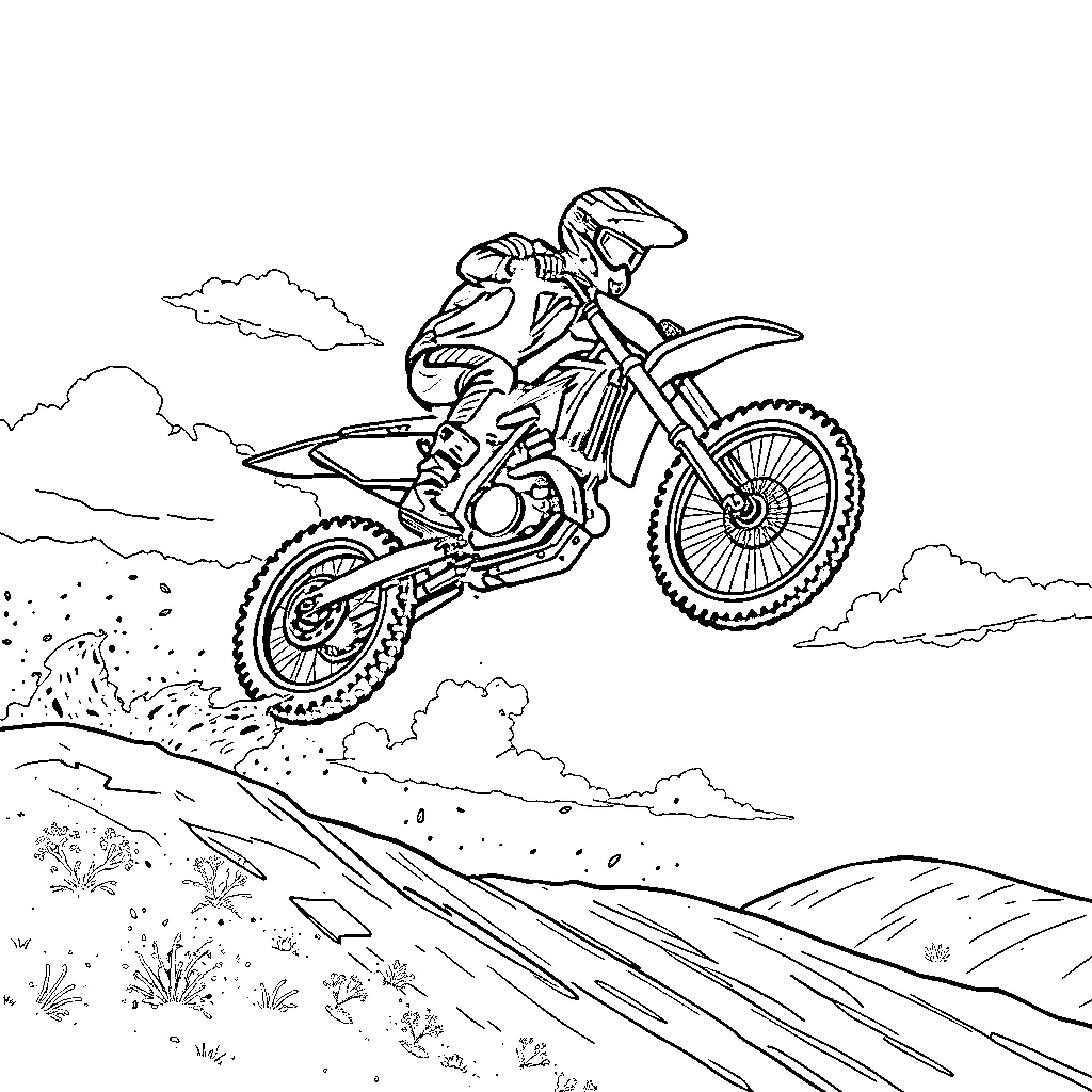 Motorbike rider taking an extreme jump over rocky terrain Coloring Page (free black-and-white line drawing printable PDF for all, from beginners to advanced learners, including children, teens, adults, and seniors)