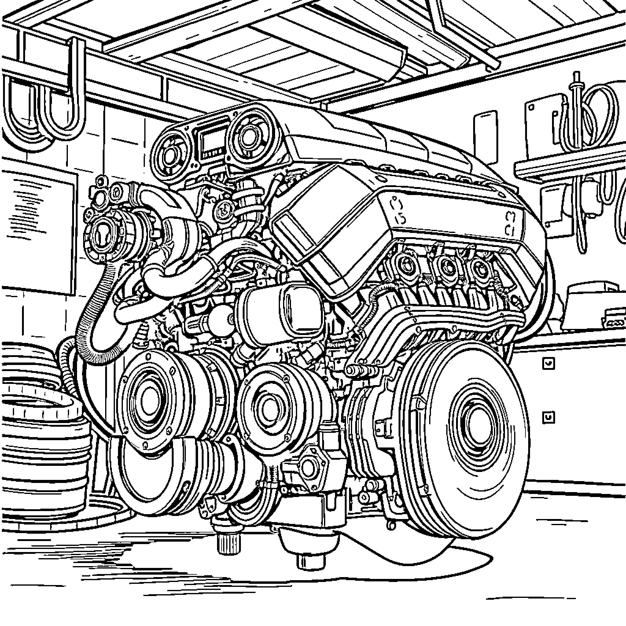 Engine of a powerful heavy machinery in workshop Coloring Page (free black-and-white line drawing printable PDF for all, from beginners to advanced learners, including children, teens, adults, and seniors)
