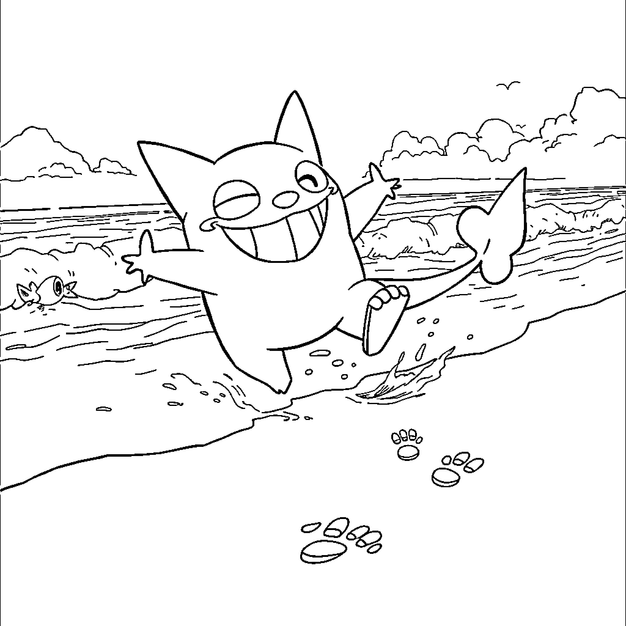 Gengar enjoying a day at the beach Coloring Page (free black-and-white line drawing printable PDF for all, from beginners to advanced learners, including children, teens, adults, and seniors)