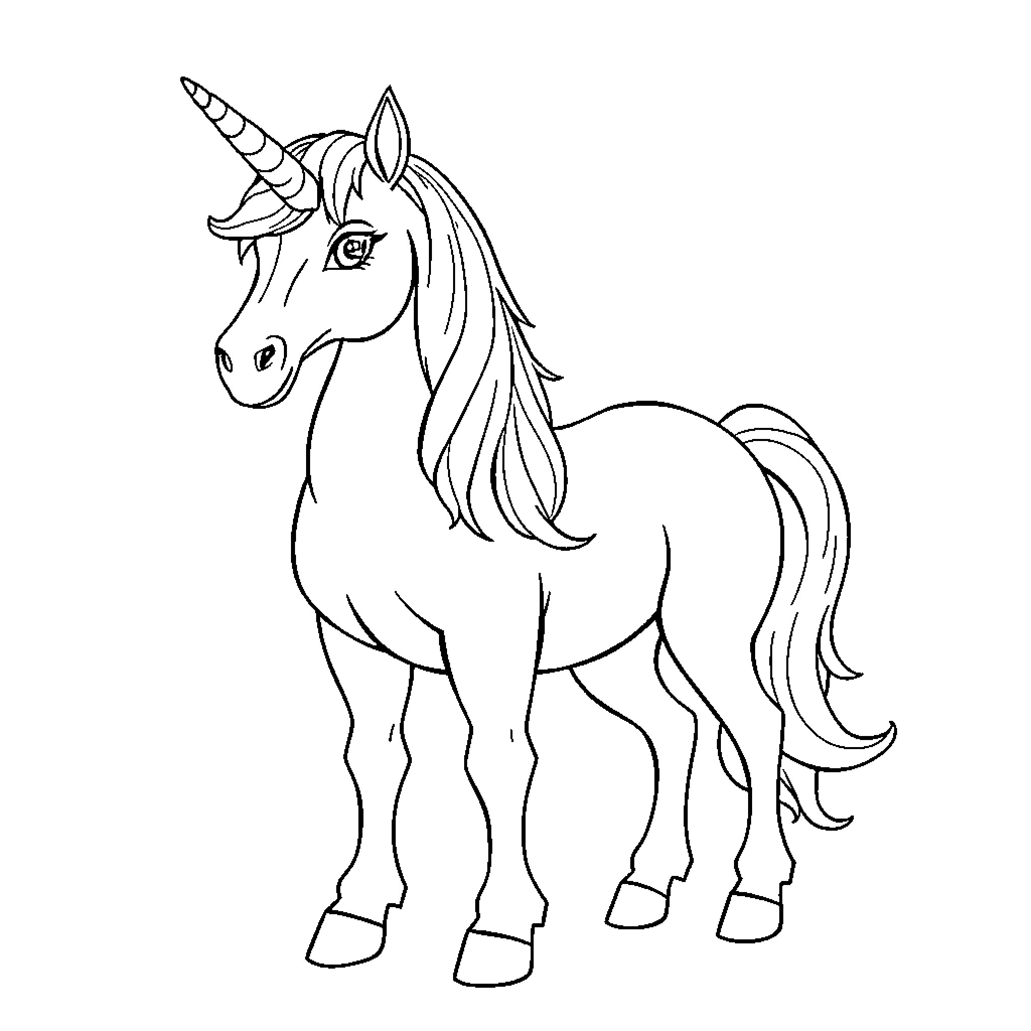Unicorn standing proudly in the spotlight Coloring Page (free black-and-white line drawing printable PDF for all, from beginners to advanced learners, including children, teens, adults, and seniors)