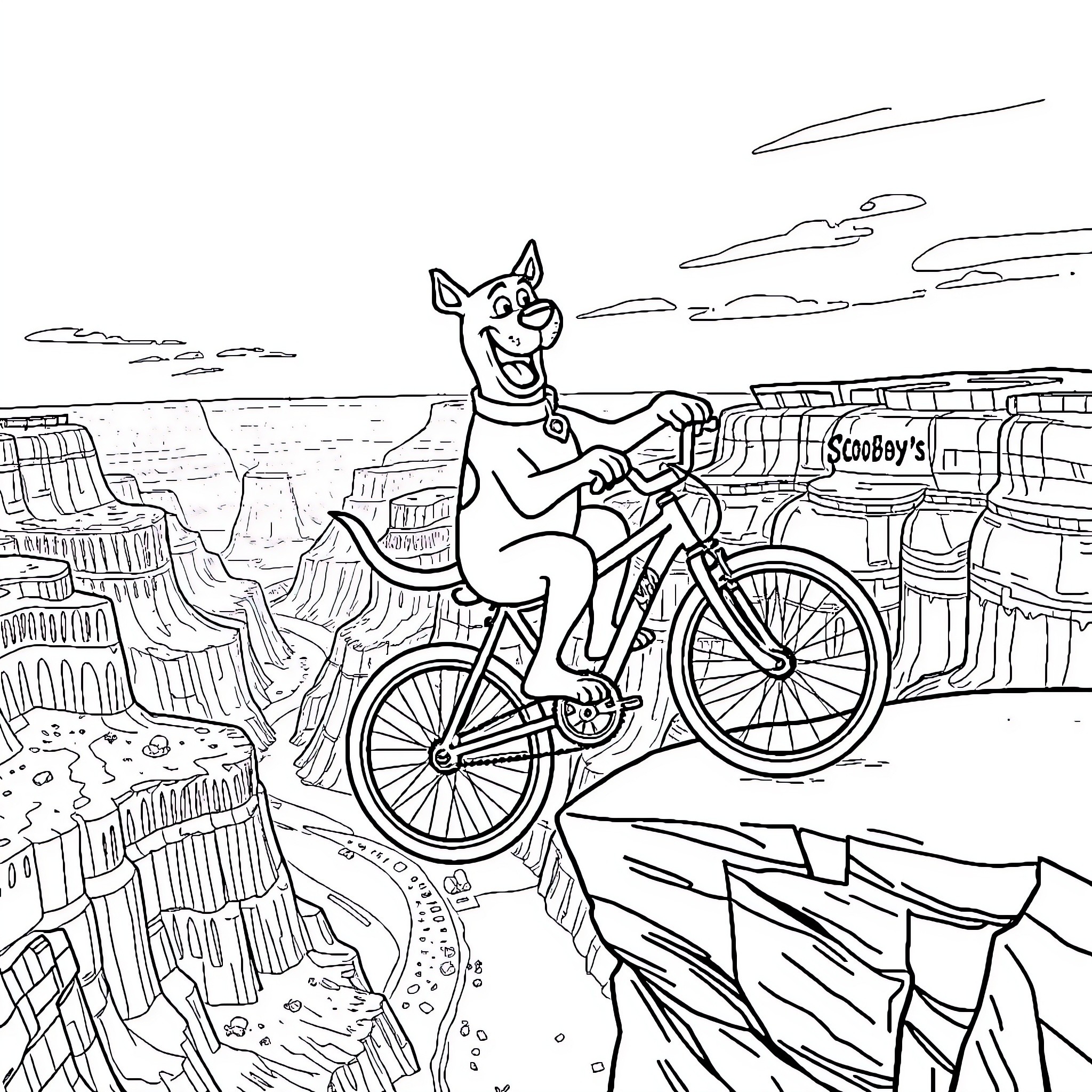 Scooby Doo on a bicycle in a western landscape Coloring Page (free black-and-white line drawing printable PDF for all, from beginners to advanced learners, including children, teens, adults, and seniors)